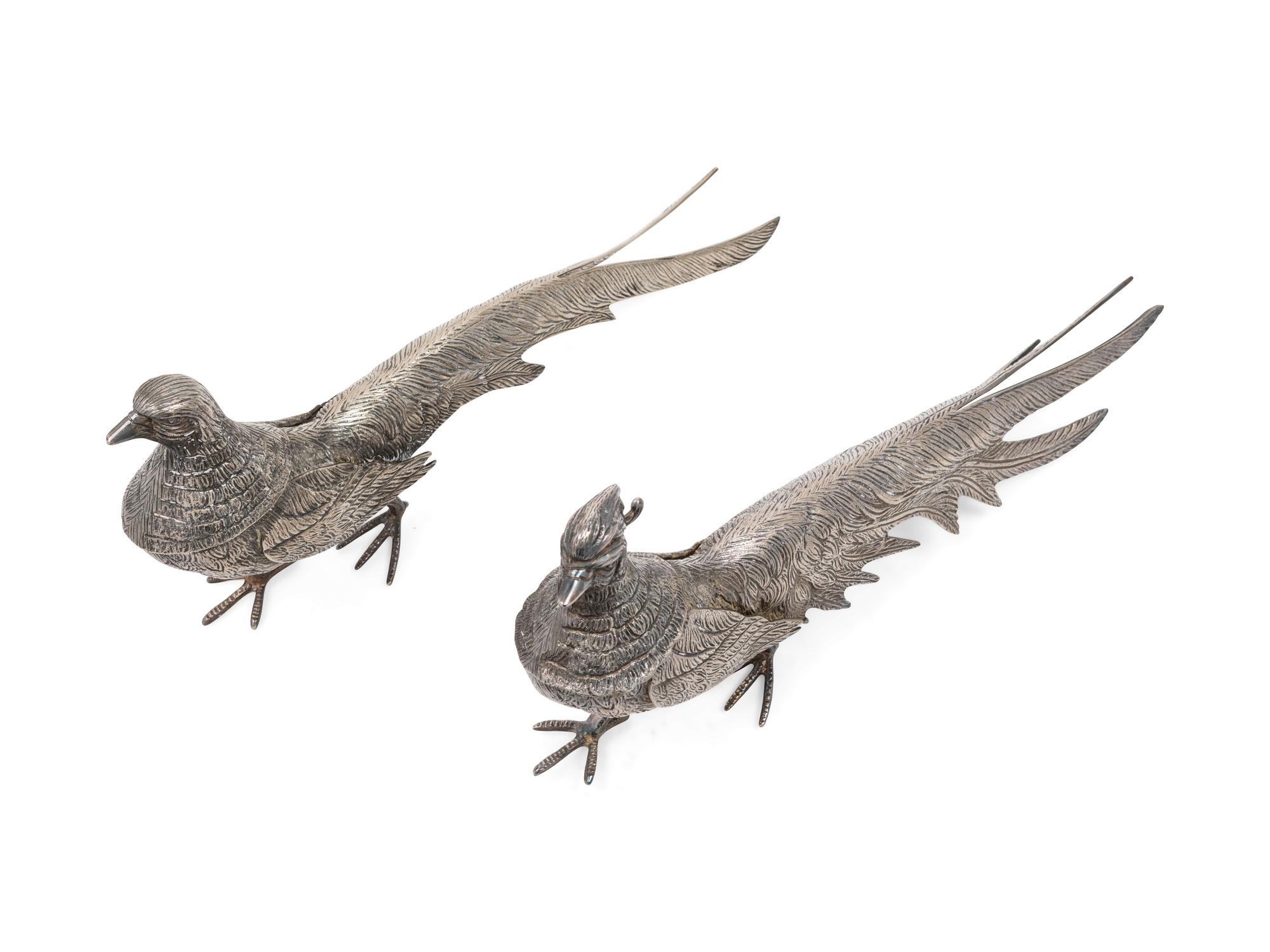 Two Silvered Metal Pheasants
