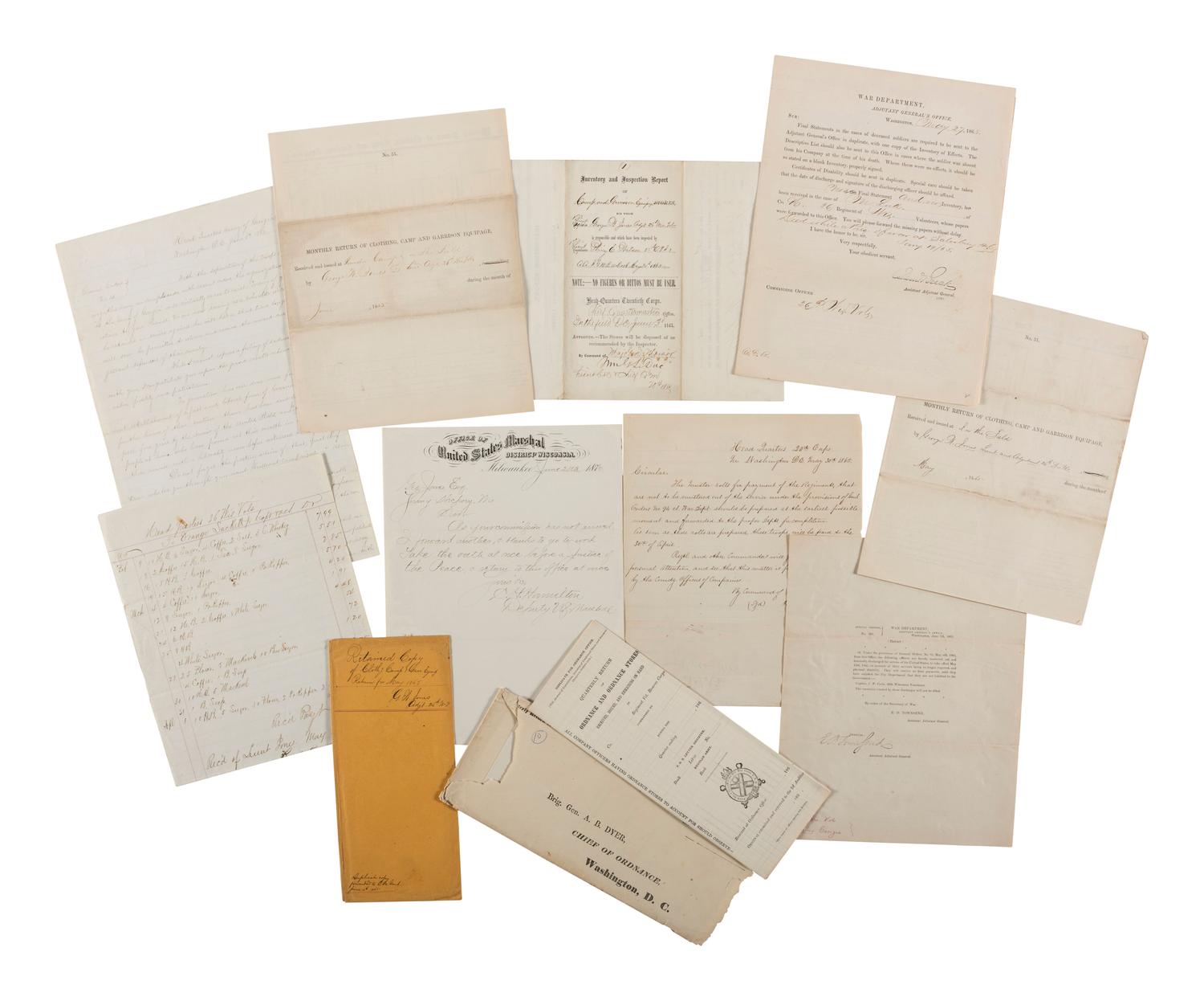 [CIVIL WAR]. Small archive of papers associated with Adj. George W. Jones, Wisconsin 26th Infantry.