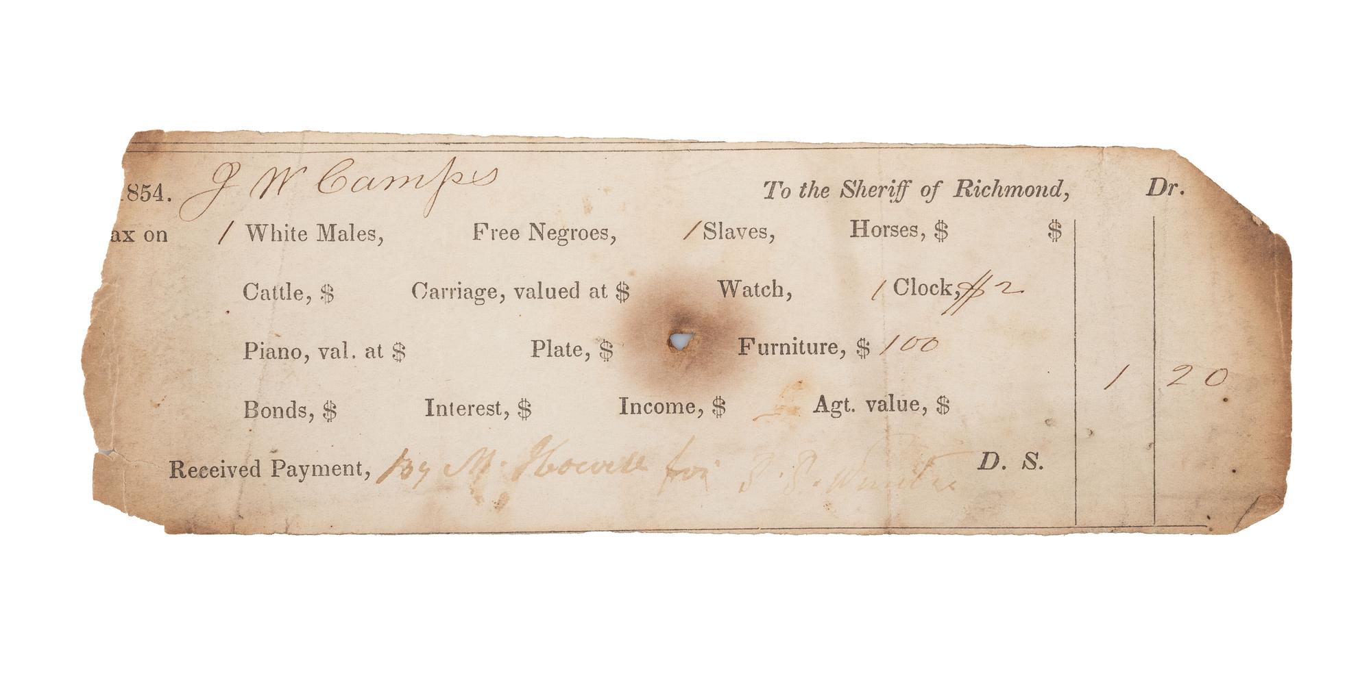 [SLAVERY & ABOLITION]. Partly printed tax receipt for J.W. Camp and an enslaved individual. Richmond, VA, 1854.