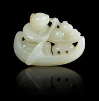 A Pale Celadon Jade Model of a Boy on a Boat Length 2 3/8 inches. — 18TH/19TH CENTURY