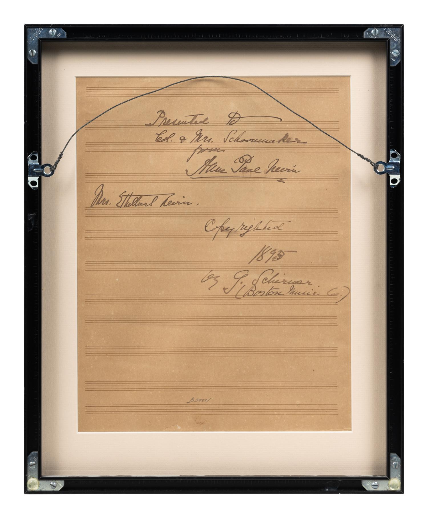 NEVIN, Ethelbert (1862-1901). Autograph musical manuscript, titled "Every Night." Signed below title ("Ethelbert Nevin"), and inscribed by Nevin's wife, Anne Paul Nevin.