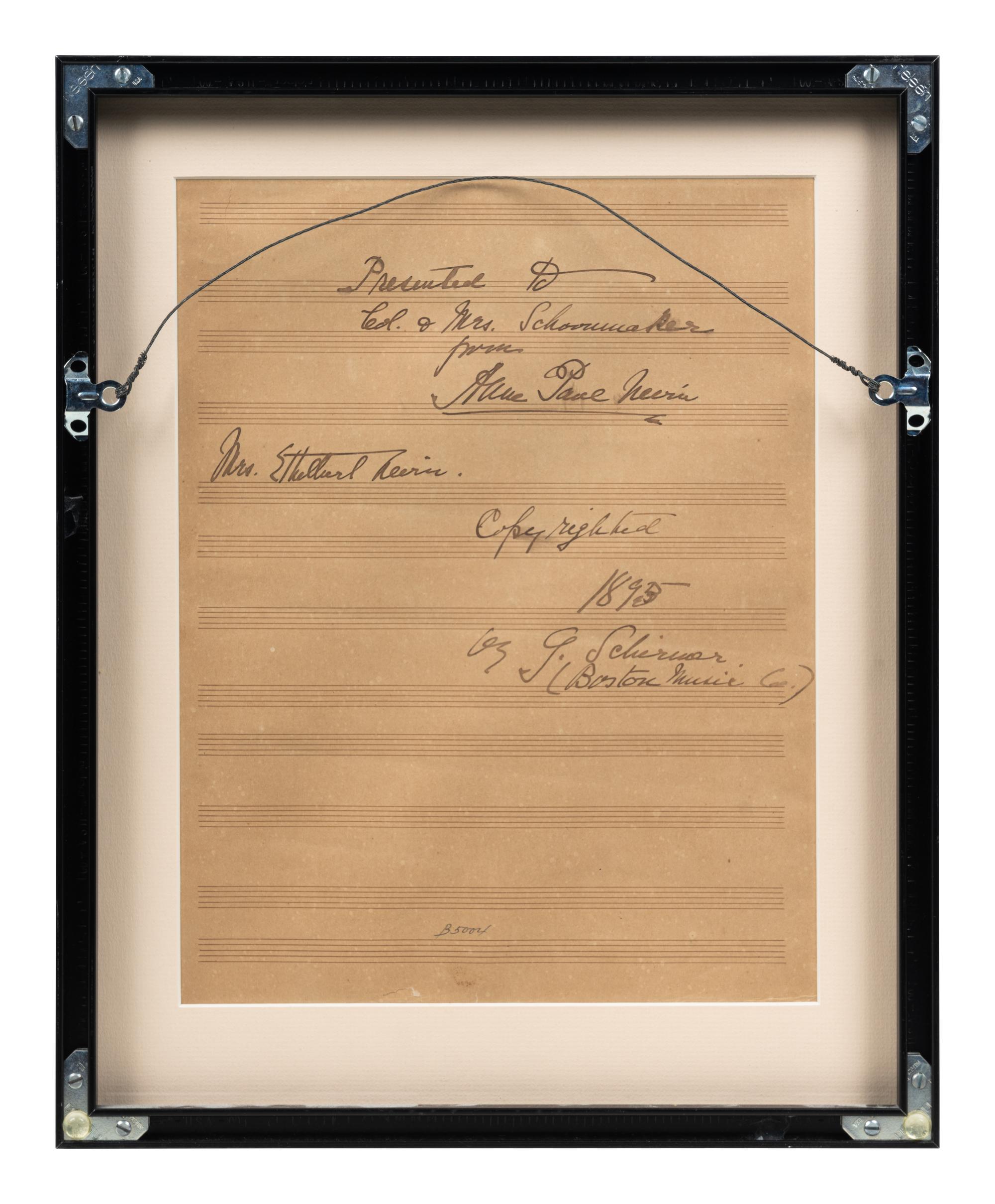 NEVIN, Ethelbert (1862-1901). Autograph musical manuscript, titled "Every Night." Signed below title ("Ethelbert Nevin"), and inscribed by Nevin's wife, Anne Paul Nevin.