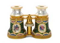 A Pair of French Enameled and Mother-of-Pearl Inset Opera Glasses, Width 4 1/2 inches.