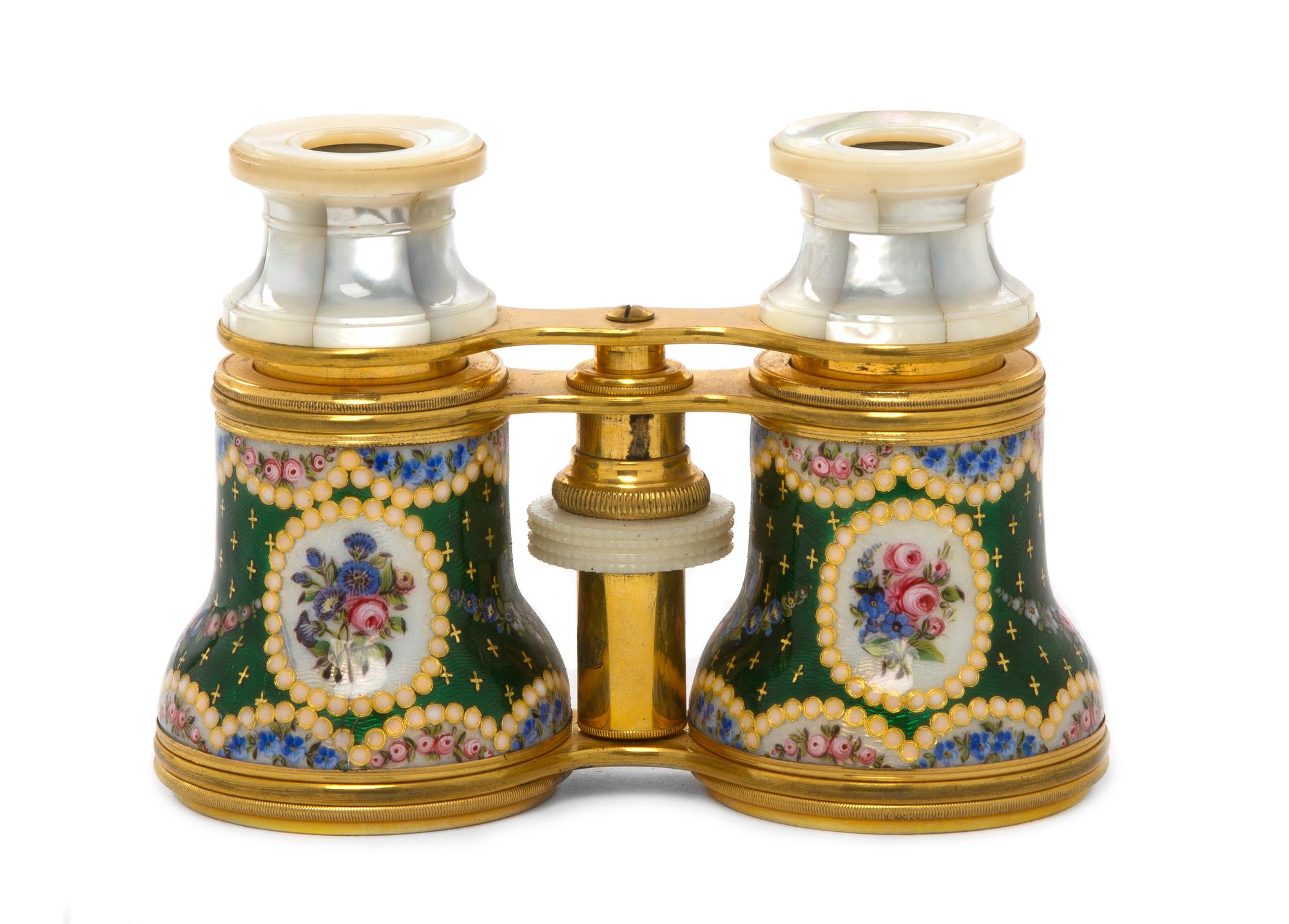 A Pair of French Enameled and Mother-of-Pearl Inset Opera Glasses, Width 4 1/2 inches.