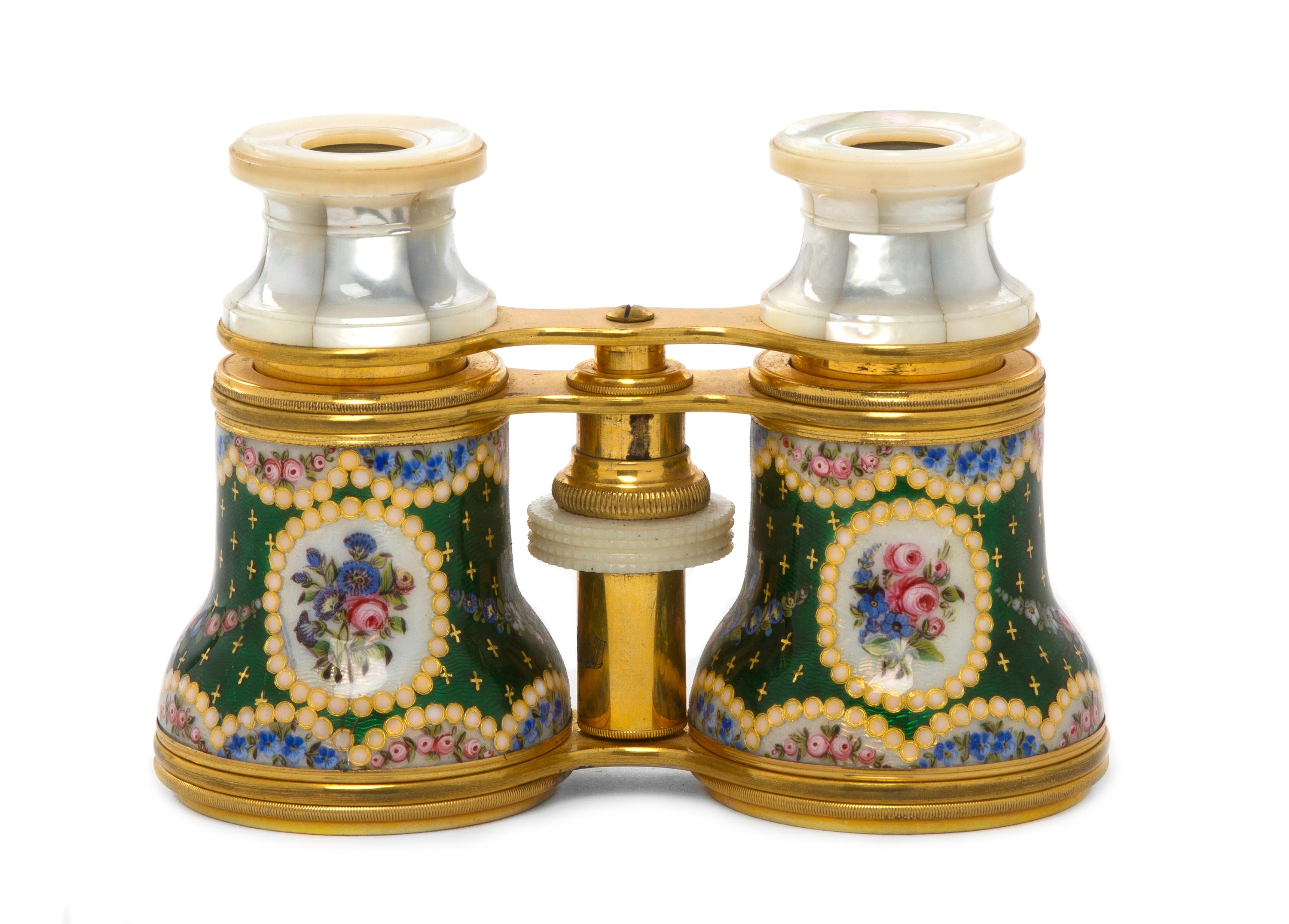A Pair of French Enameled and Mother-of-Pearl Inset Opera Glasses, Width 4 1/2 inches.