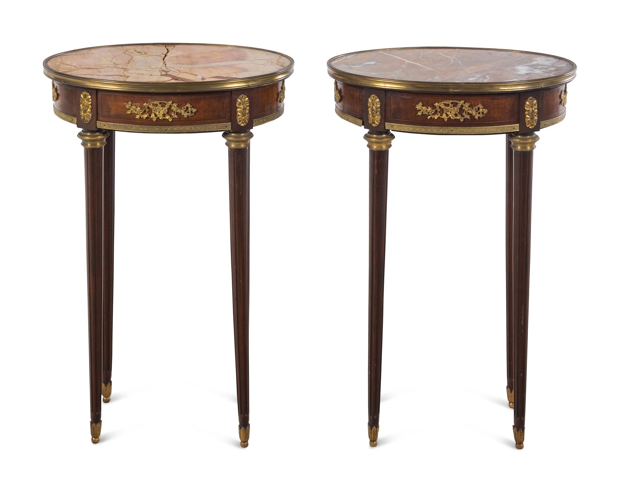 A Pair of Louis XVI Style Gilt Bronze Mounted Marble-Inset Side Tables