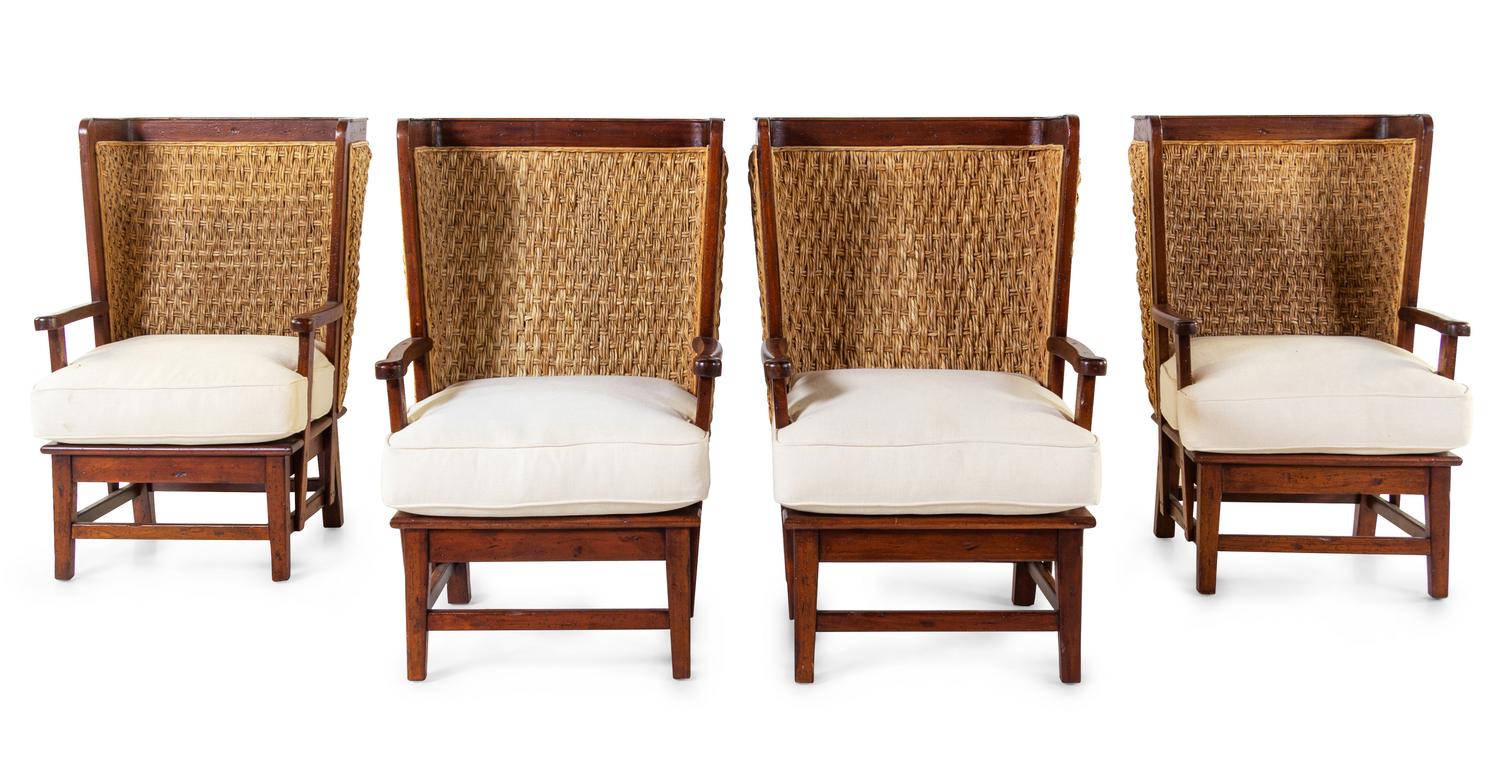 A Set of Four British Colonial Style Woven-Back Armchairs
