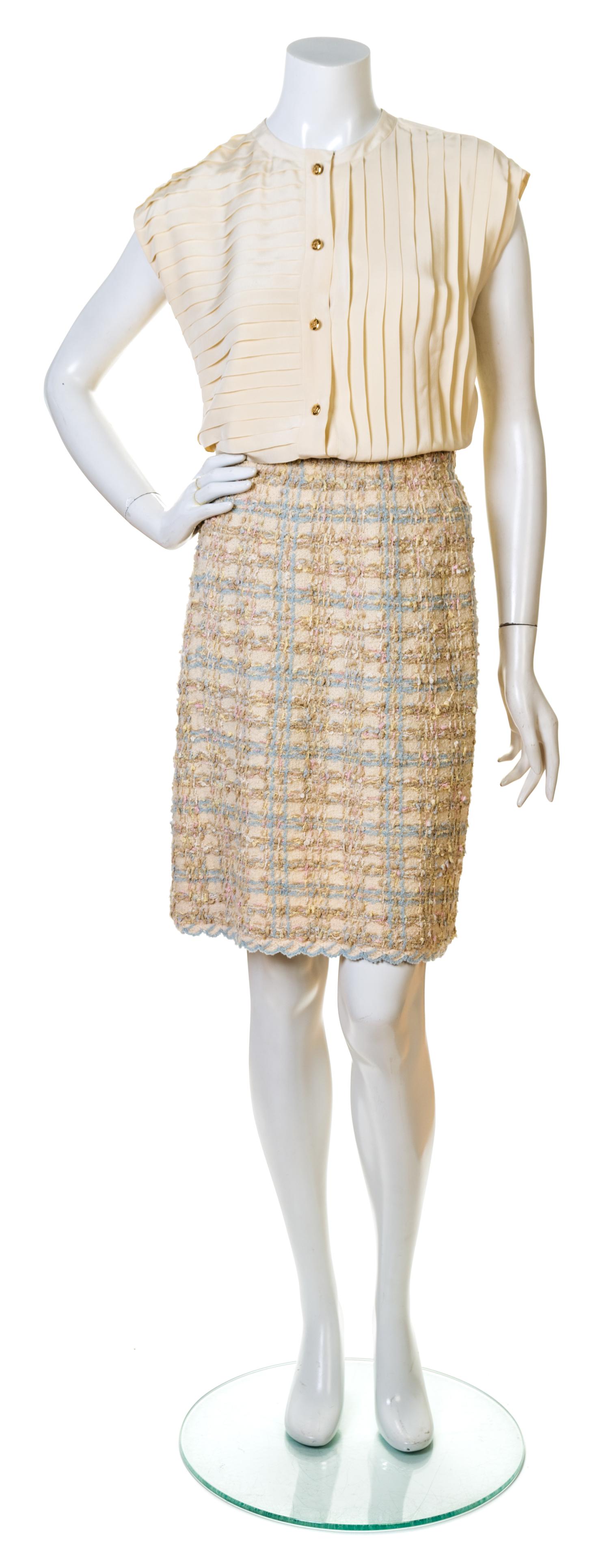 An Adolfo Baby Blue and Pink Boucle Skirt Ensemble, No size. Handbag: 8.25'' x 6.25''; Strap drop: 10''.