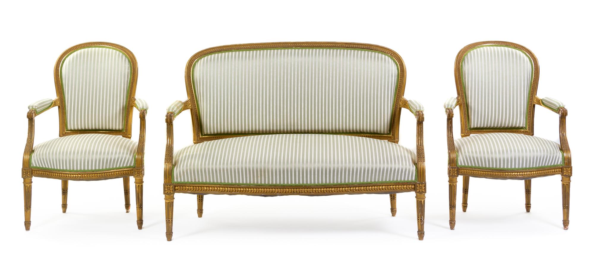 A Louis XVI Style Giltwood Three-Piece Parlor Suite by François Linke (1855-1946)