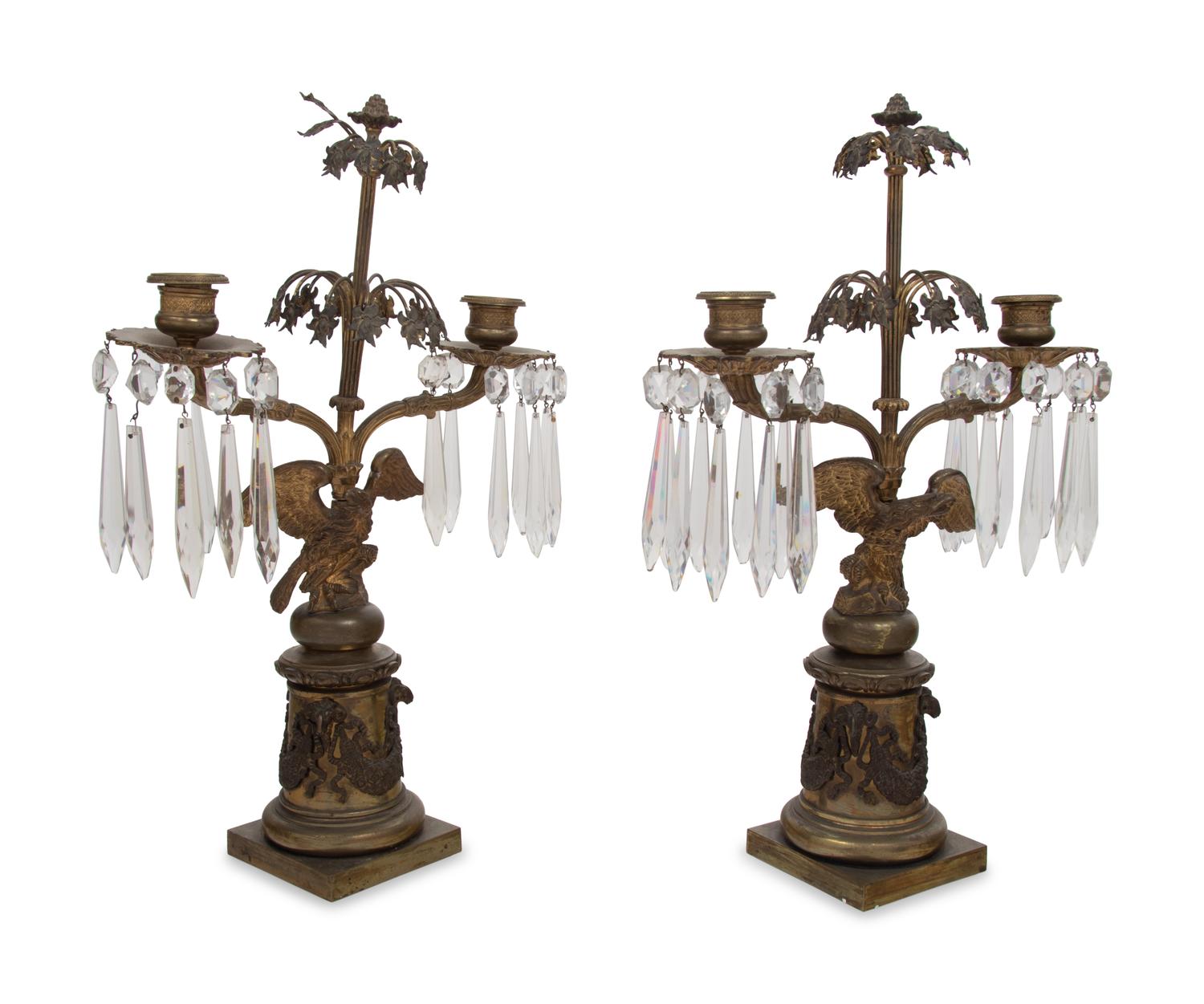 A Pair of English Gilt Metal and Glass Two-Light Candelabra