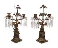 A Pair of English Gilt Metal and Glass Two-Light Candelabra