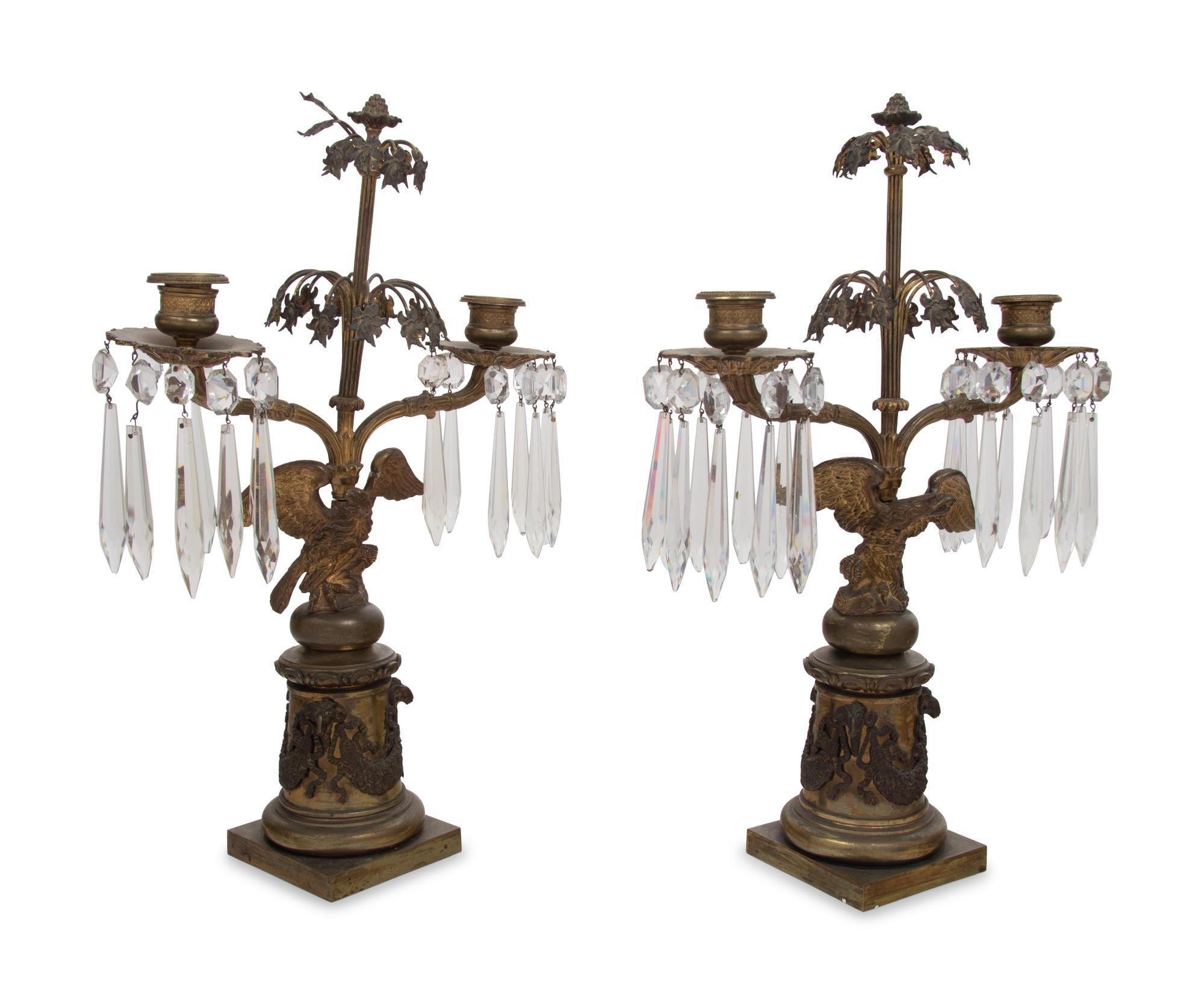 A Pair of English Gilt Metal and Glass Two-Light Candelabra