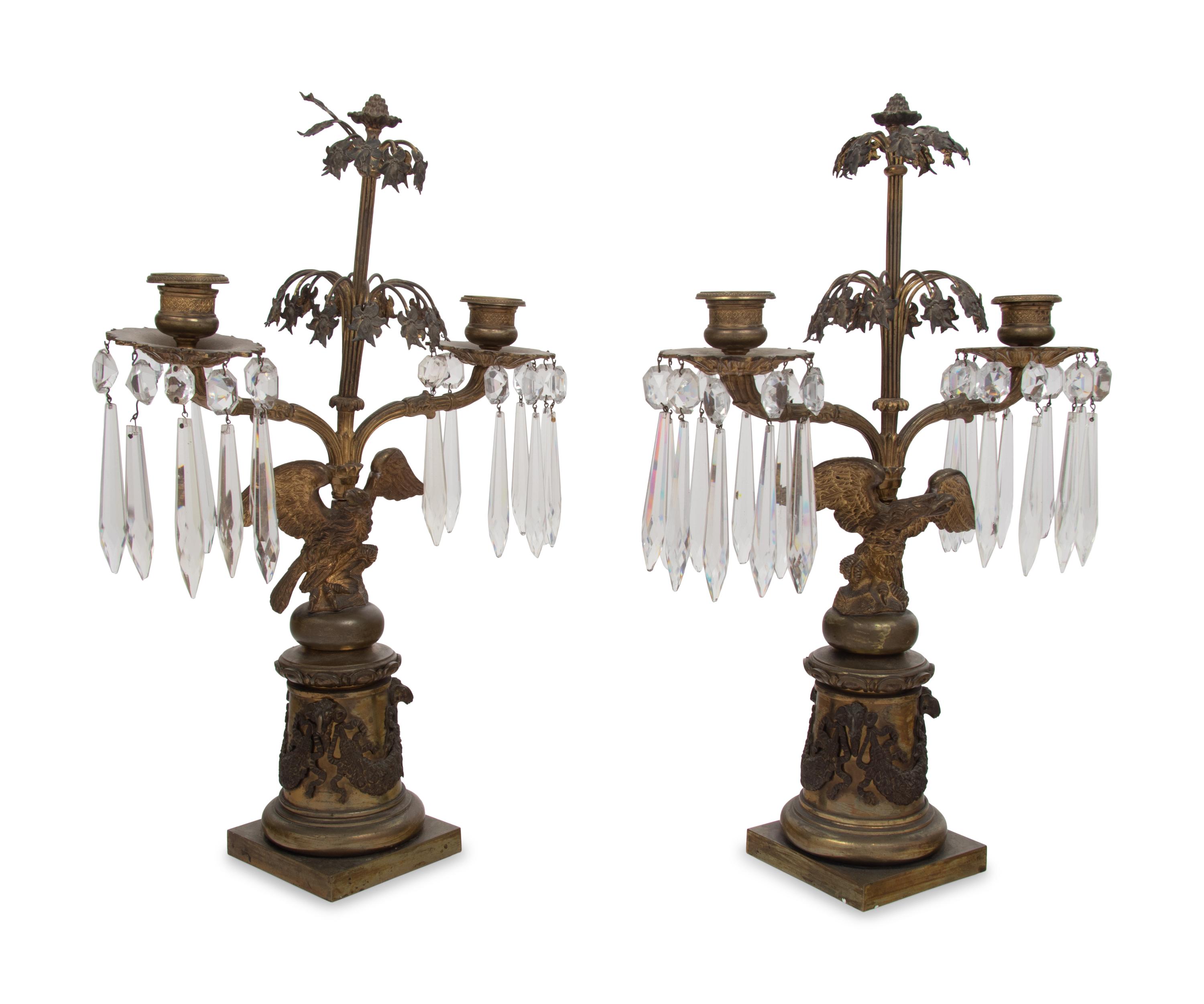 A Pair of English Gilt Metal and Glass Two-Light Candelabra