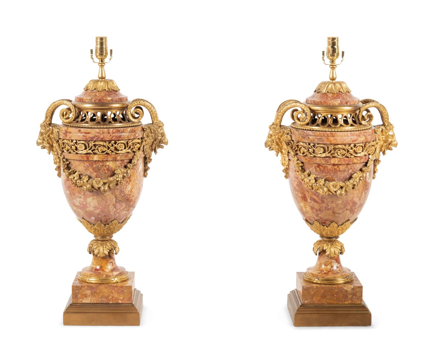 A Pair of Louis XVI Style Gilt Bronze and Marble Urns Mounted as Lamps