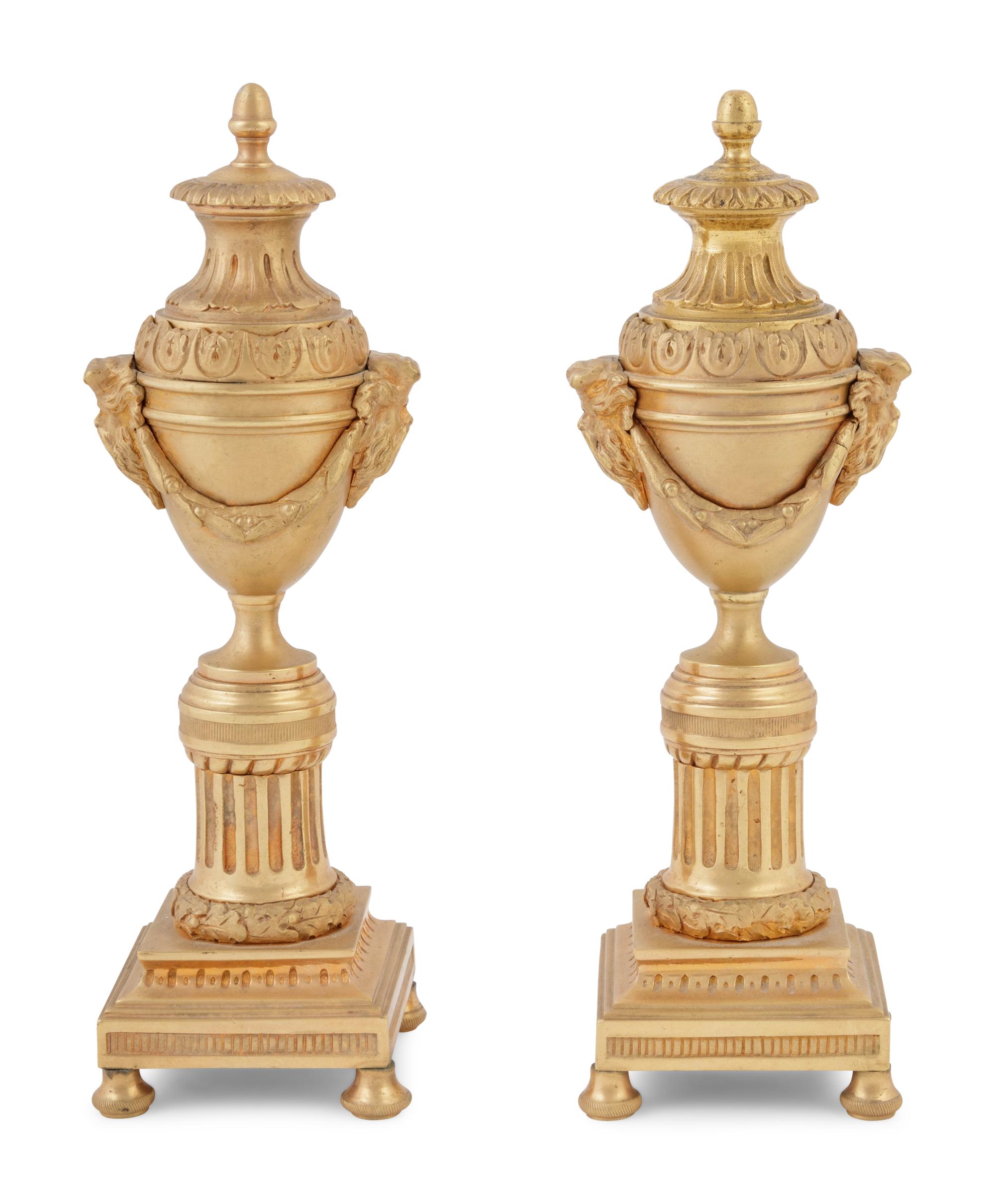 A Pair of English Gilt Bronze Cassolettes in the Style of Matthew Boulton