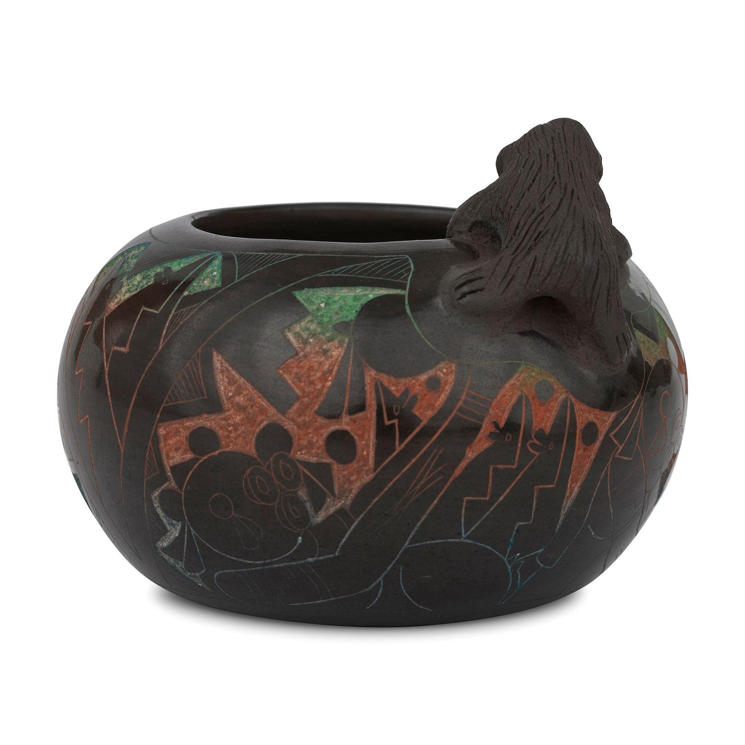 Blackware Pottery Jar, with Polychrome Sgraffito Decorations