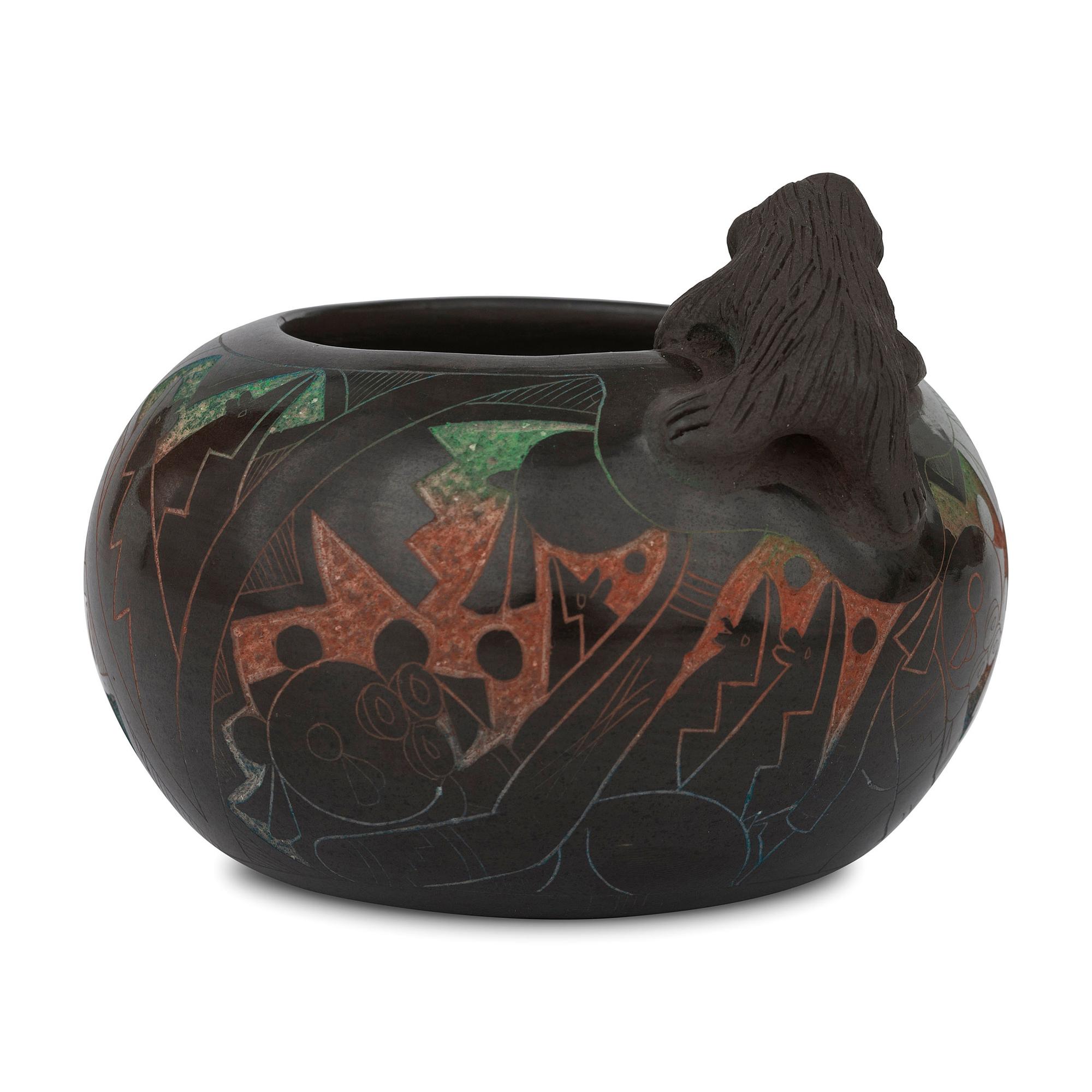 Blackware Pottery Jar, with Polychrome Sgraffito Decorations