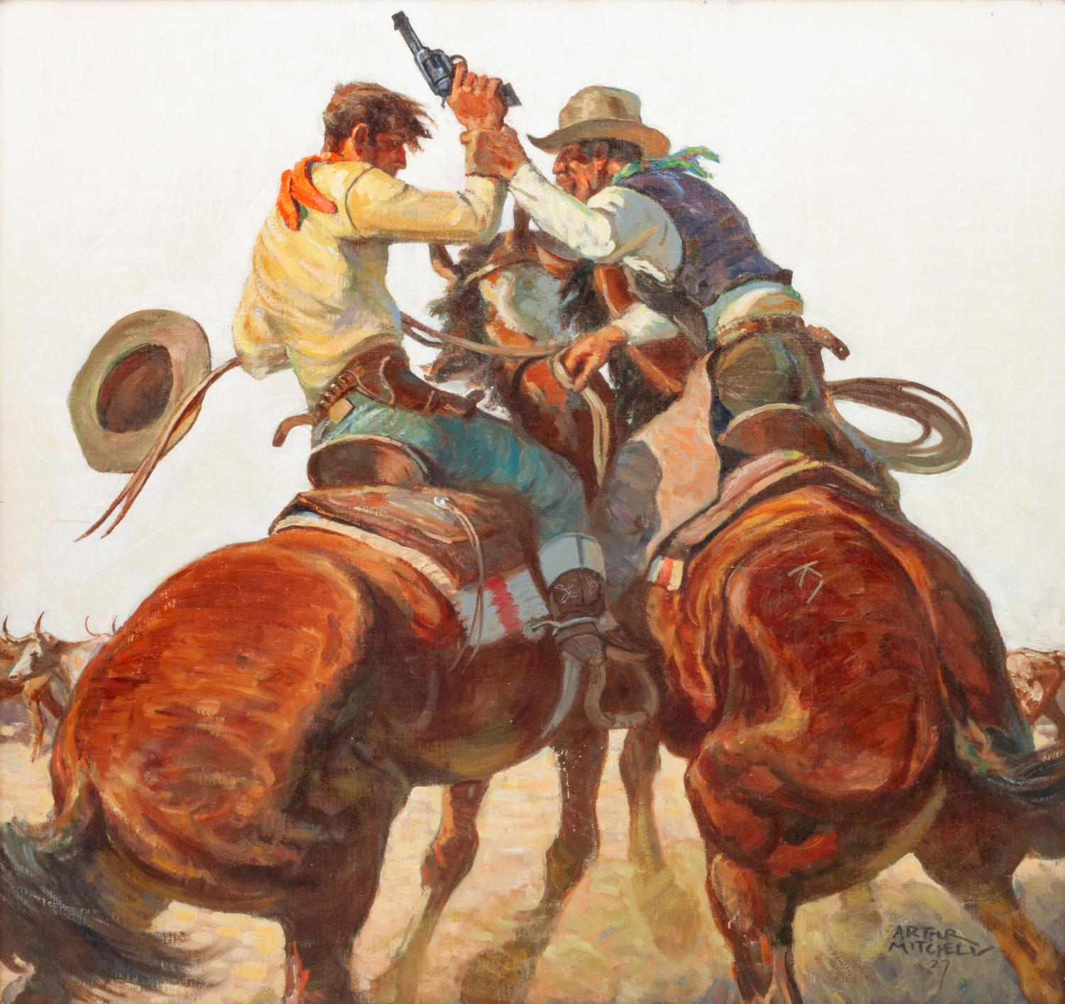 Two Cowboys on Horses with Gun