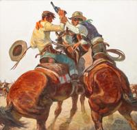 Two Cowboys on Horses with Gun