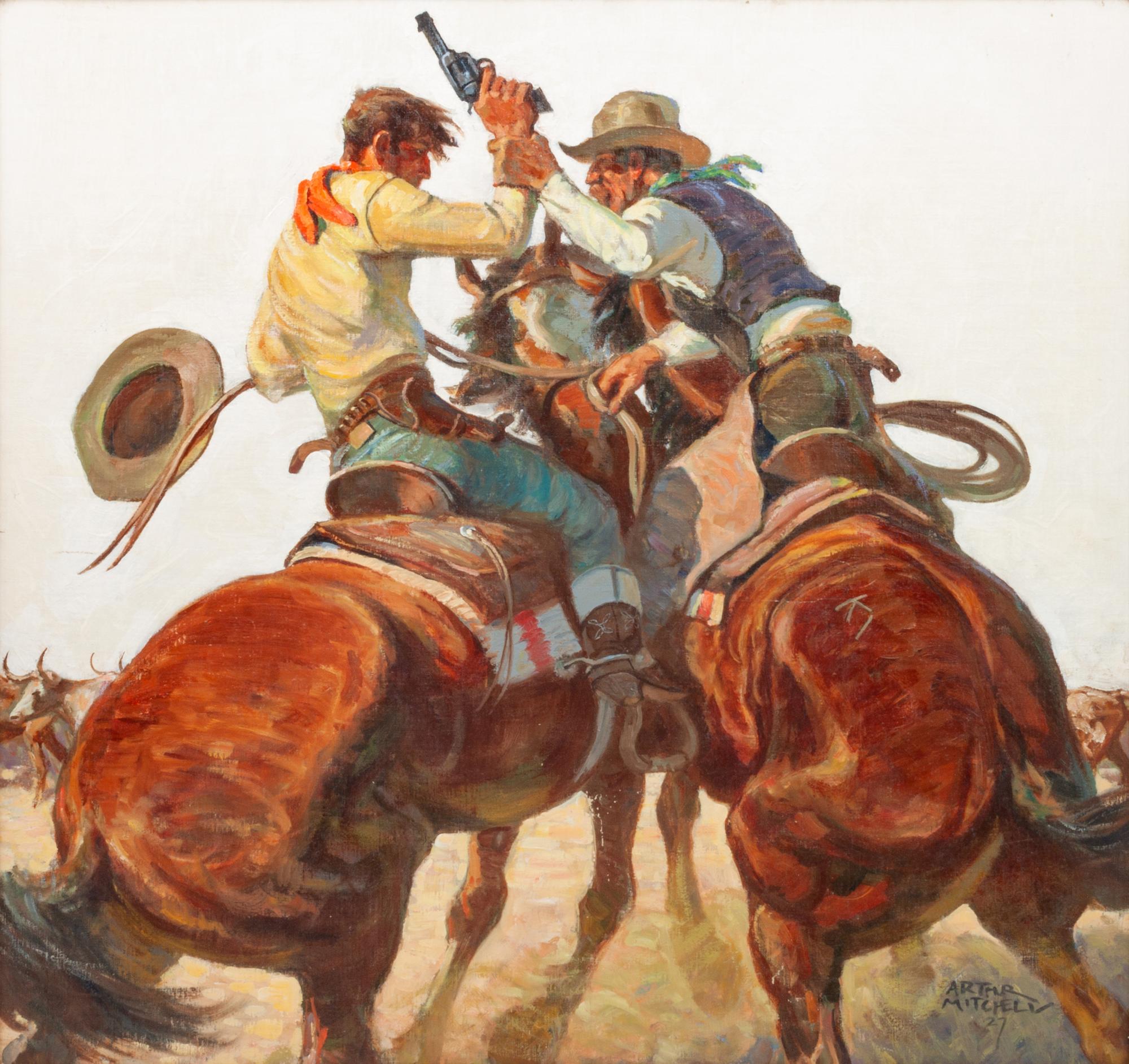 Two Cowboys on Horses with Gun