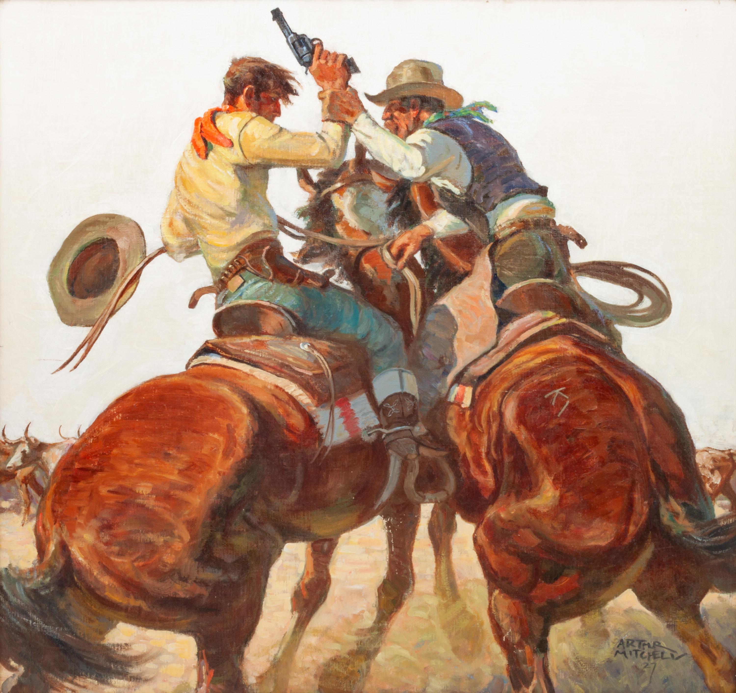 Two Cowboys on Horses with Gun