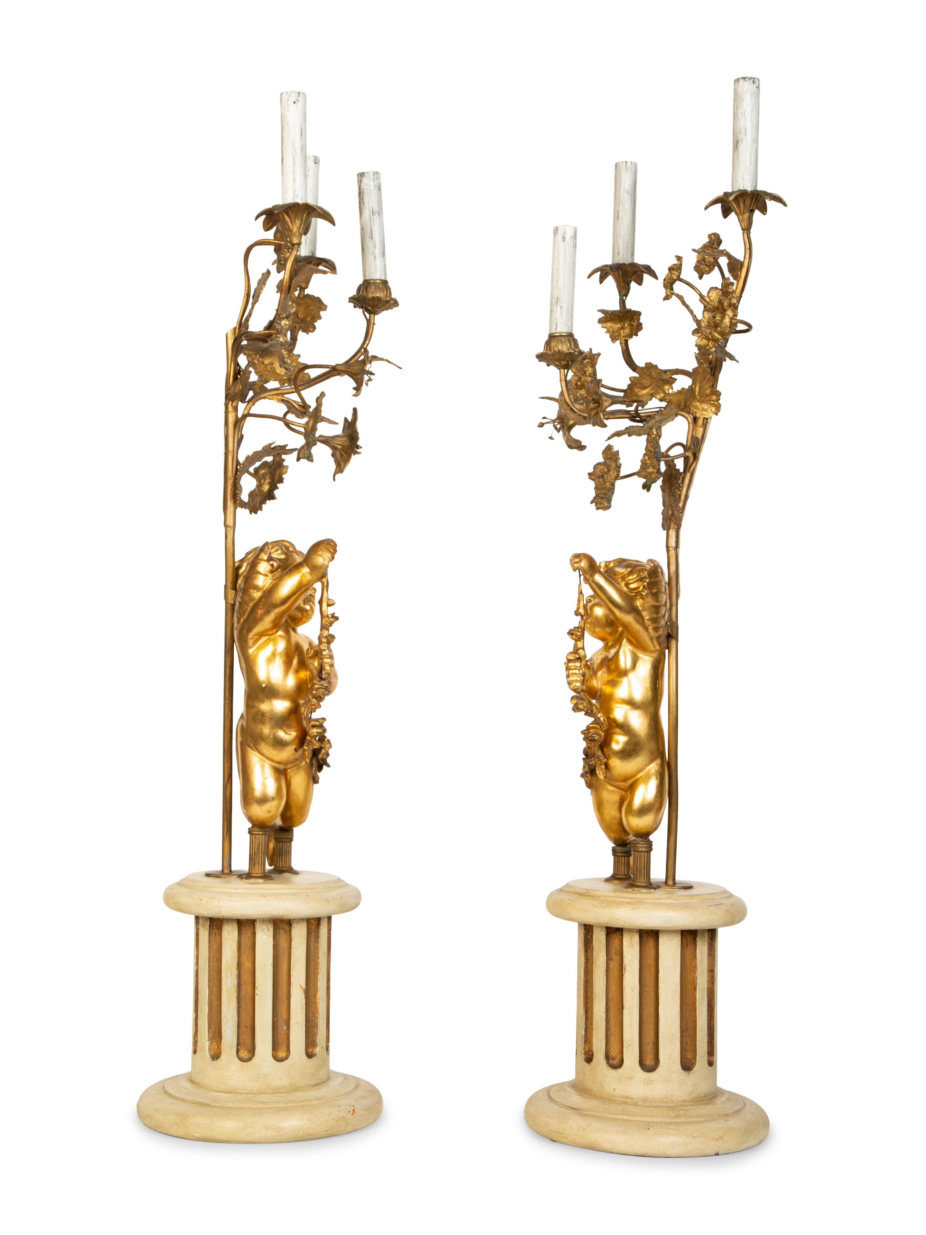 A Pair of Louis XVI Style Six-Light Giltwood Figural Candelabra
