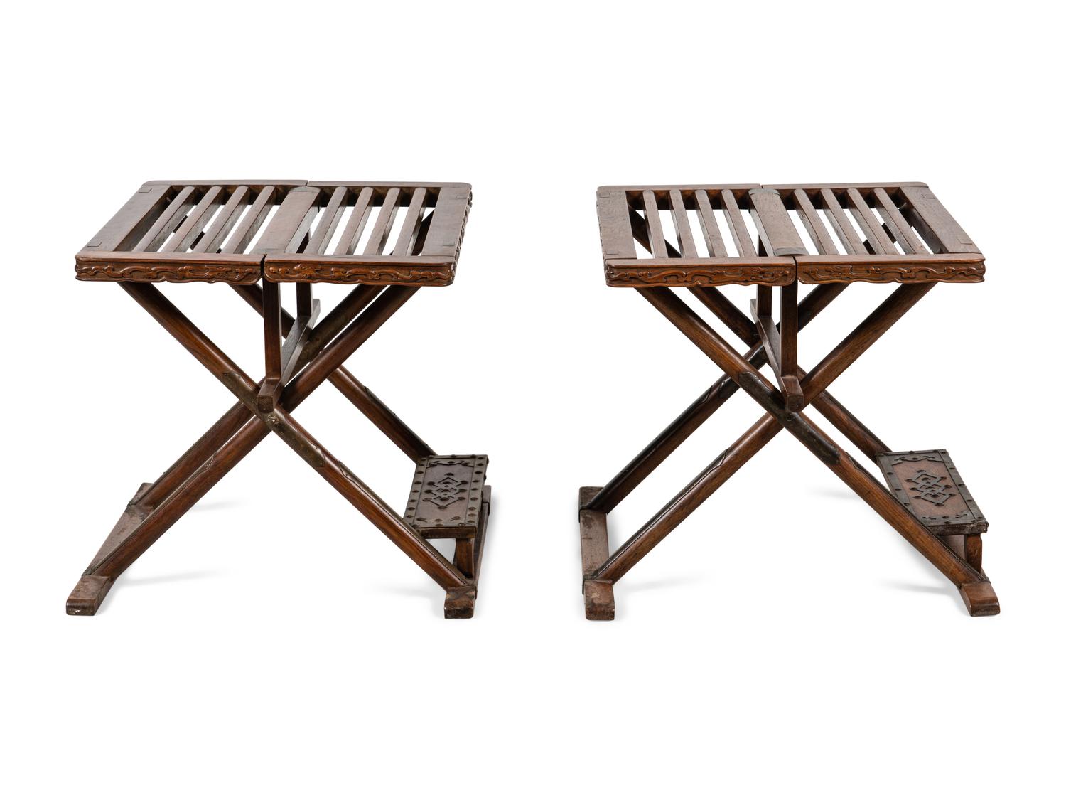A Pair of Huanghuali and Mixed Wood Folding Stools