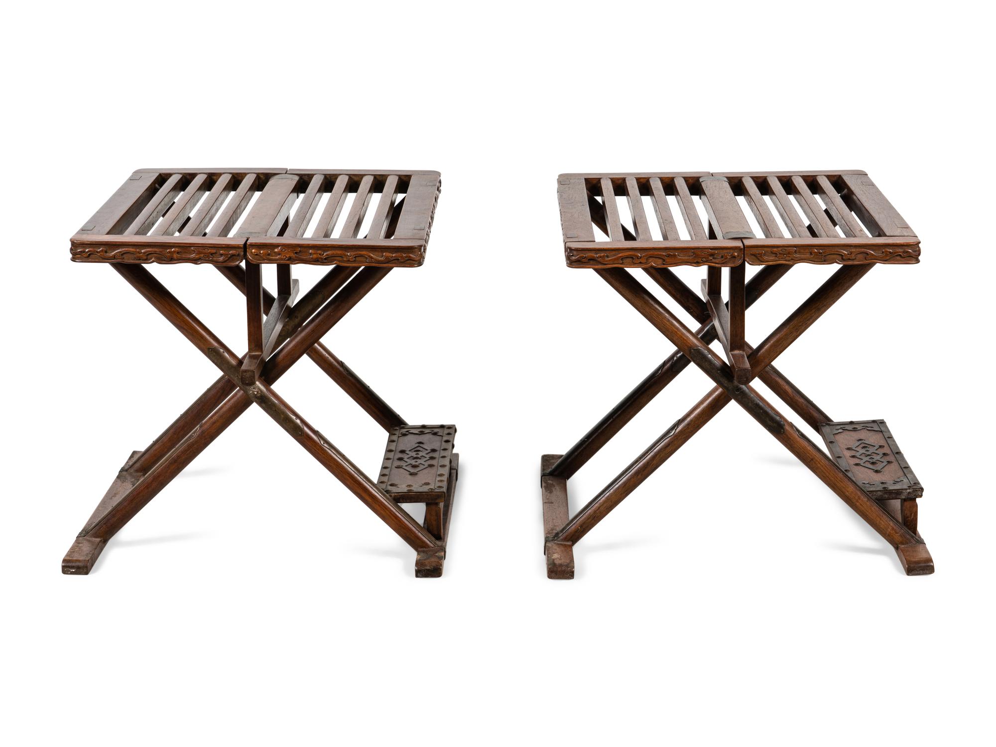 A Pair of Huanghuali and Mixed Wood Folding Stools