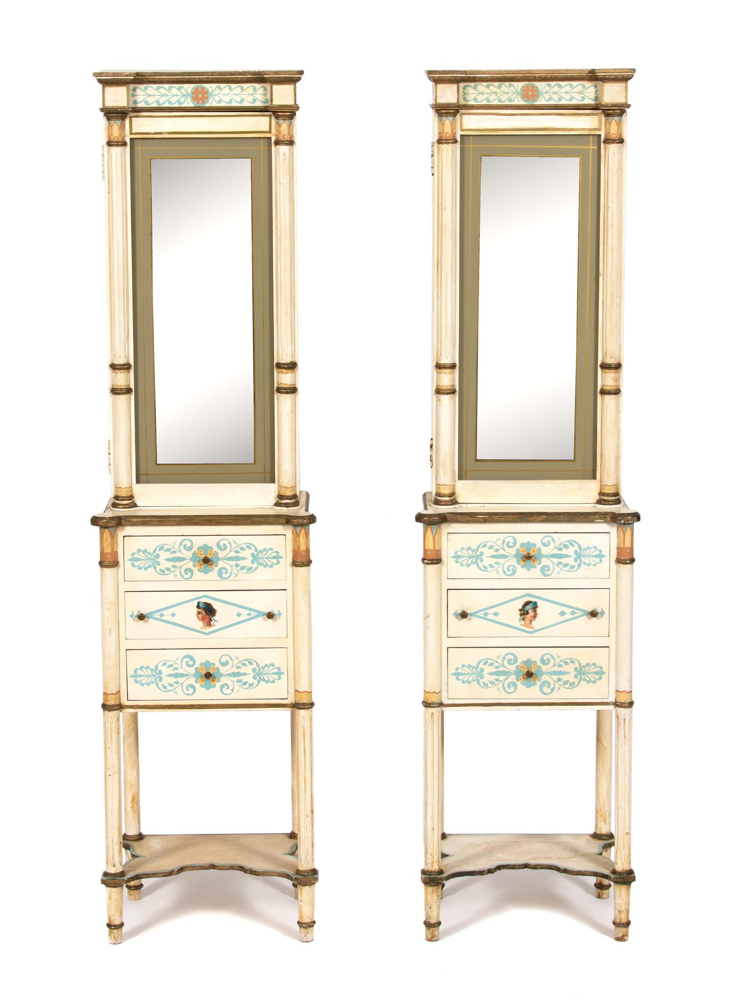 A Pair of Directoire Style Painted Cabinets Height 57 3/4 x width 14 3/4 x depth 10 inches. — LATE 19TH CENTURY