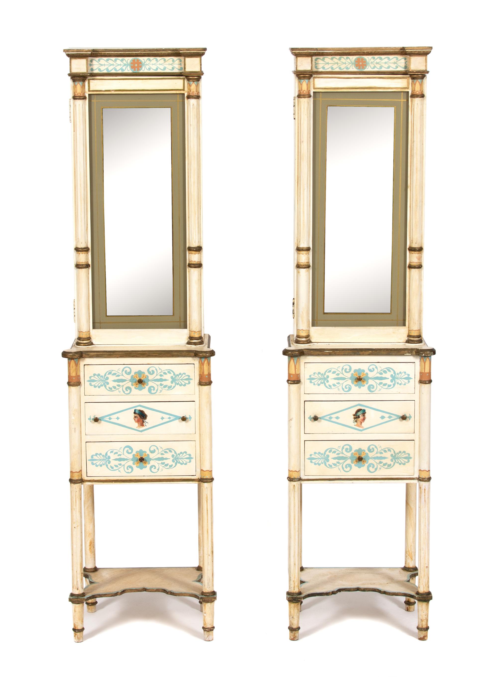 A Pair of Directoire Style Painted Cabinets Height 57 3/4 x width 14 3/4 x depth 10 inches. — LATE 19TH CENTURY