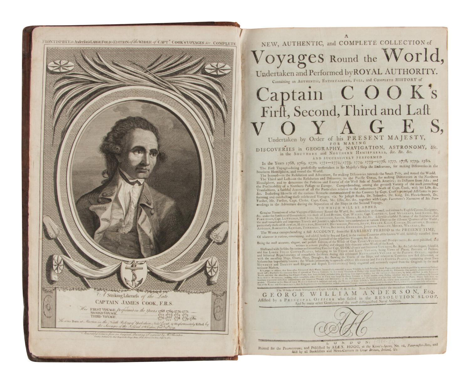 [Travel & Exploration]. [Cook, James, Capt. (1728-1779)]. -- Anderson, George William, editor. New, Authentic, and Complete Collection of Voyages Round the World… London: for Alex Hogg, n.d. [ca 1784-1786].