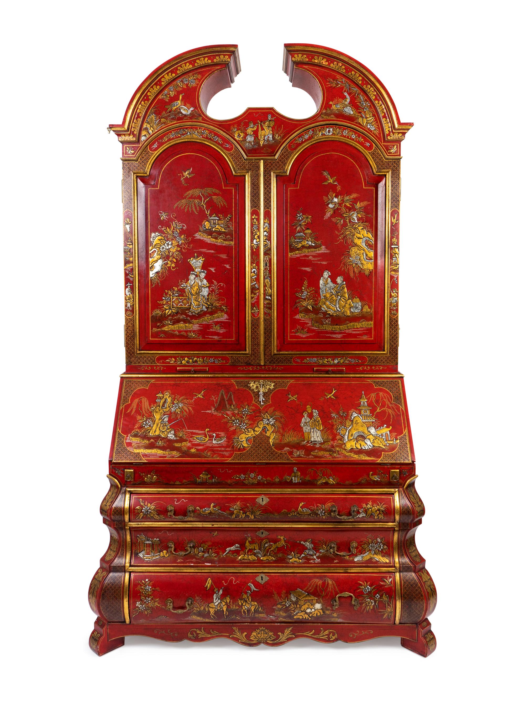 A George II Style Parcel-Gilt and Red Lacquer Chinoserie Secretary — 20TH CENTURY