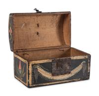 A Polychrome Paint Decorated Maple and Pressed Tin Mounted Dome Top Document Box