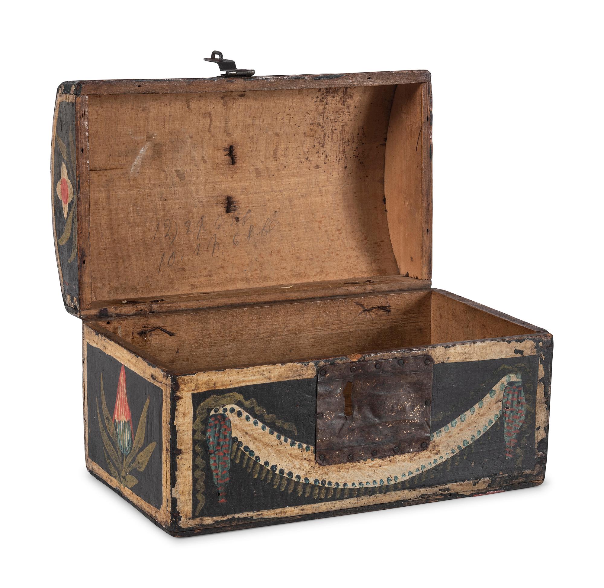 A Polychrome Paint Decorated Maple and Pressed Tin Mounted Dome Top Document Box