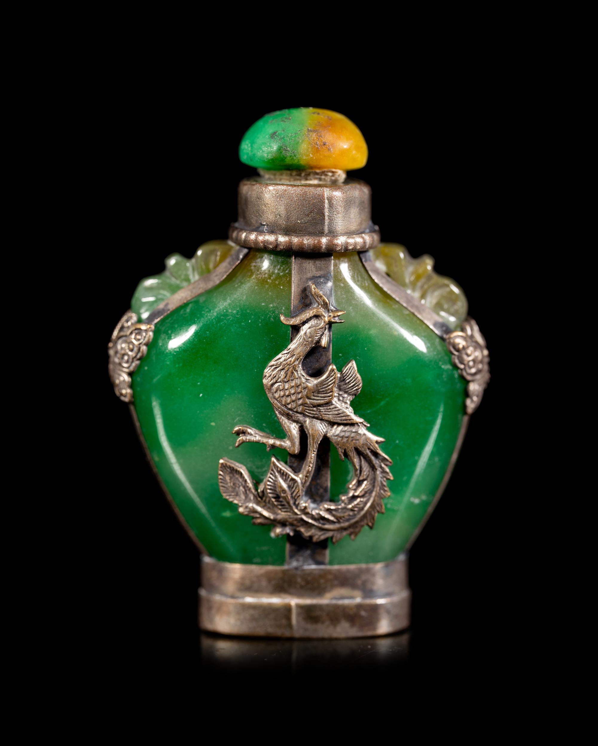 Three Chinese Jadeite and Hardstone Snuff Bottles