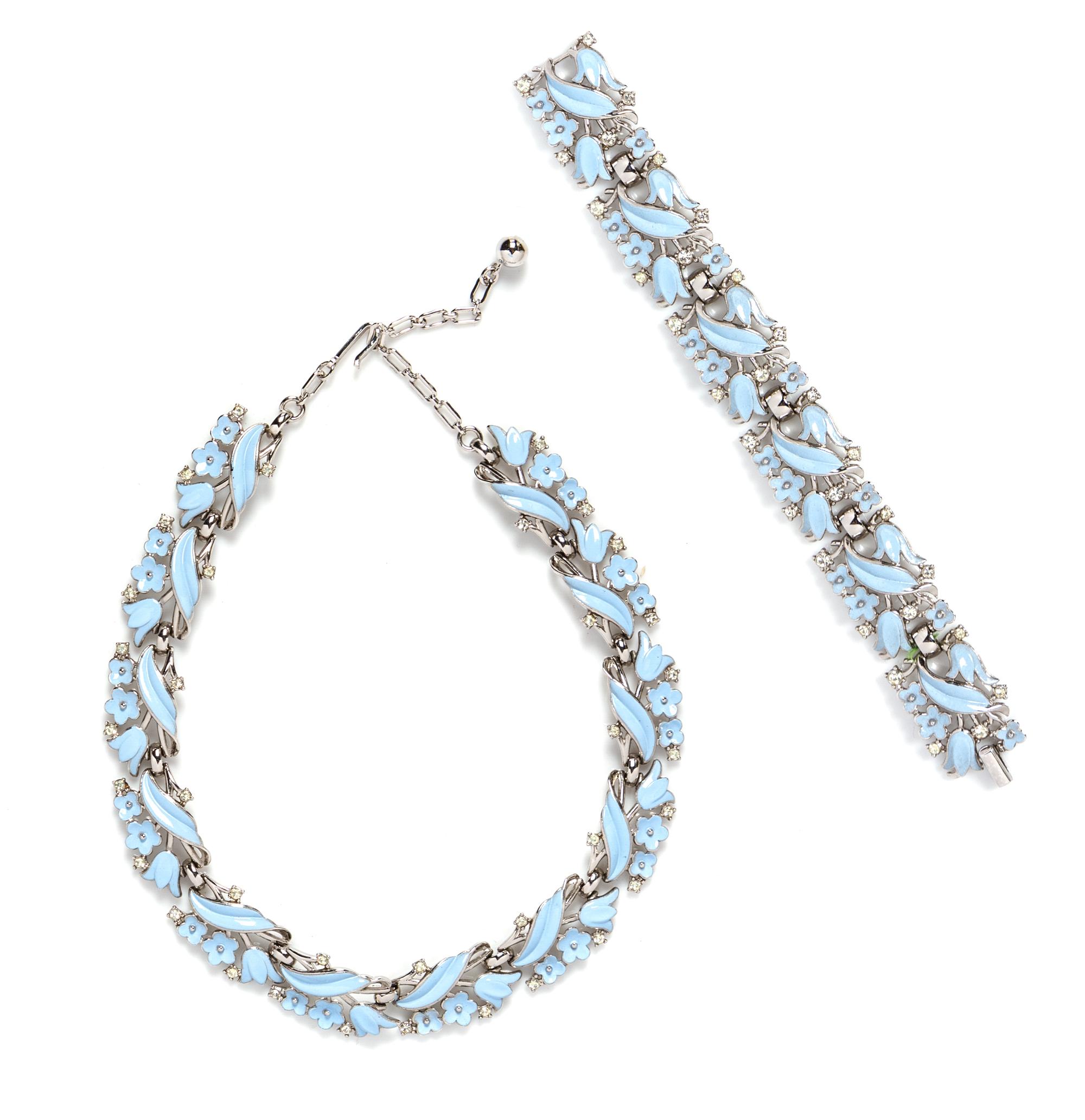 A Trifari Pastel Blue Enamel and Rhinestone Floral Demi Parure,