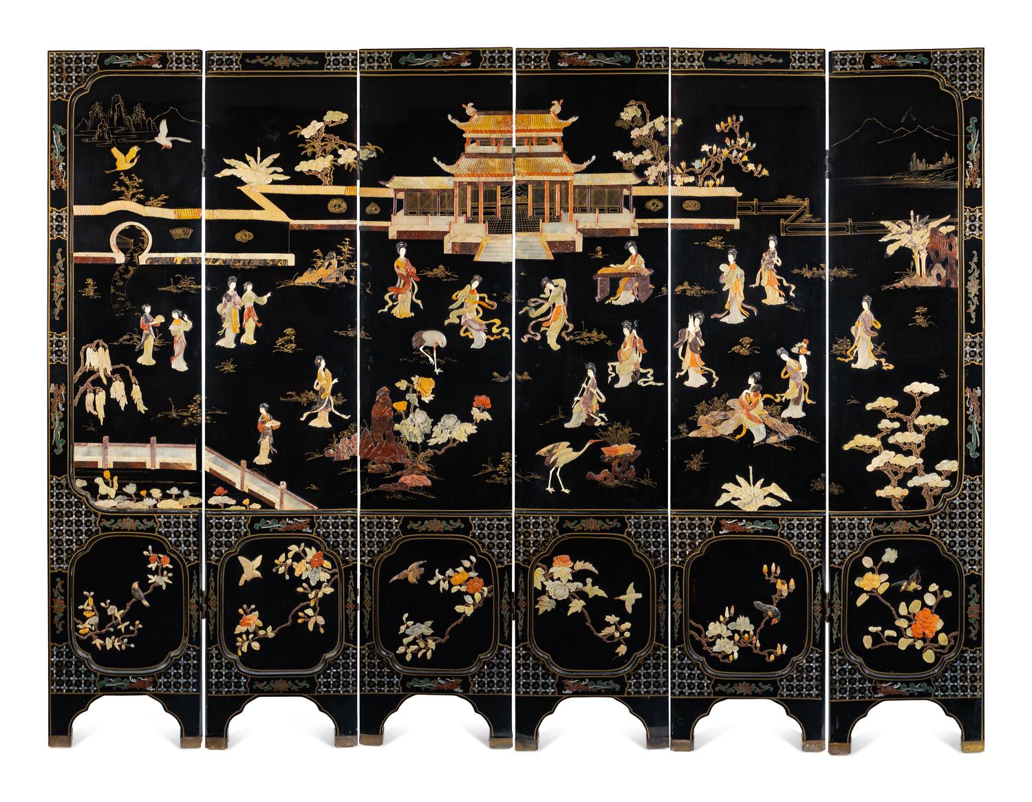 A Chinese Mother-of-Pearl and Hardstone Inset Floor Screen