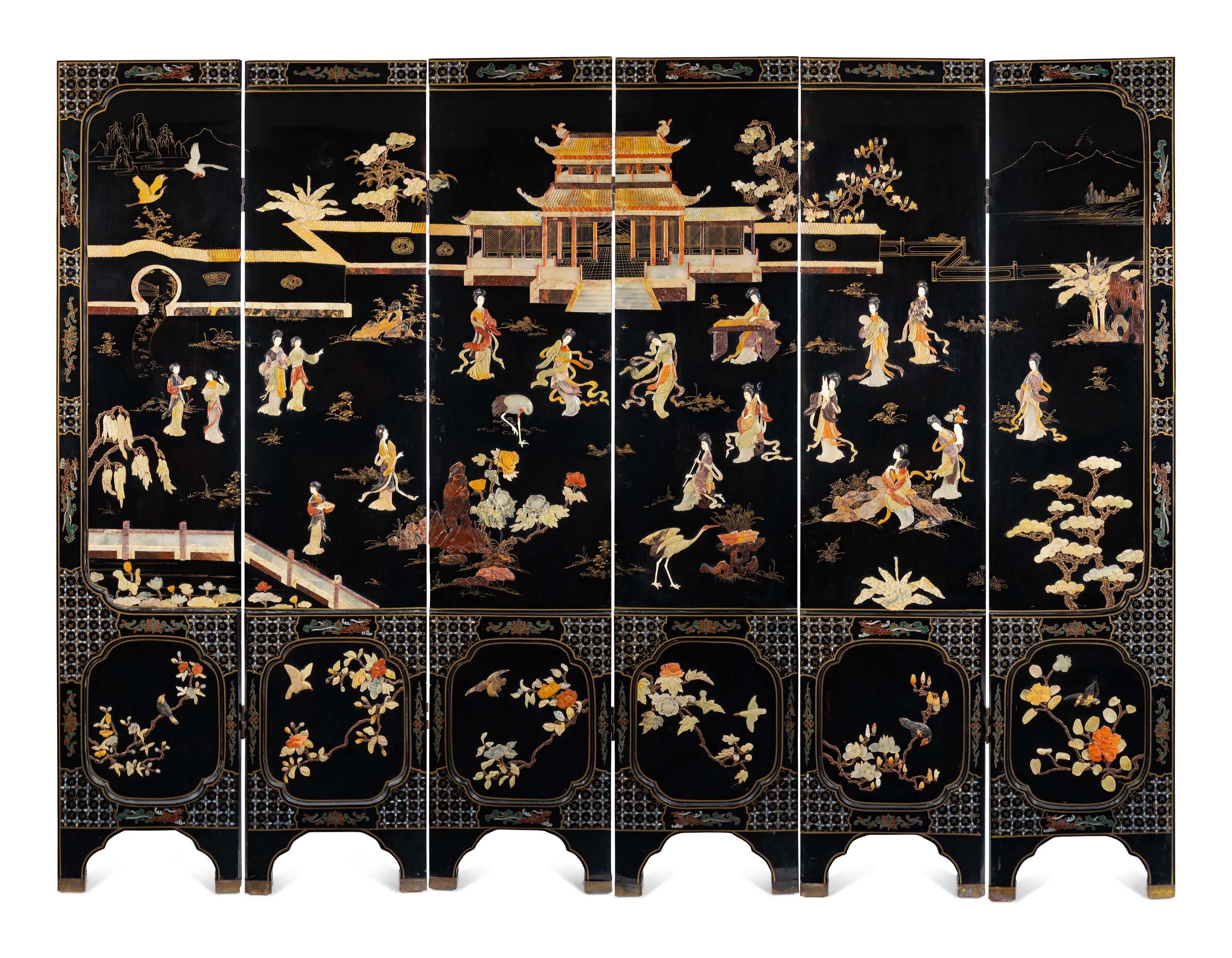 A Chinese Mother-of-Pearl and Hardstone Inset Floor Screen