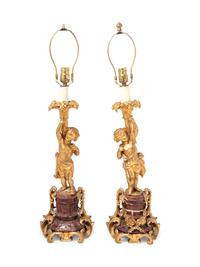 A Pair of Louis XV Style Gilt Bronze Figural Candlesticks