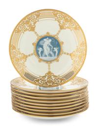 A Set of Ten Mintons Pâte-sur-Pâte Parcel-Gilt Porcelain Dinner Plates