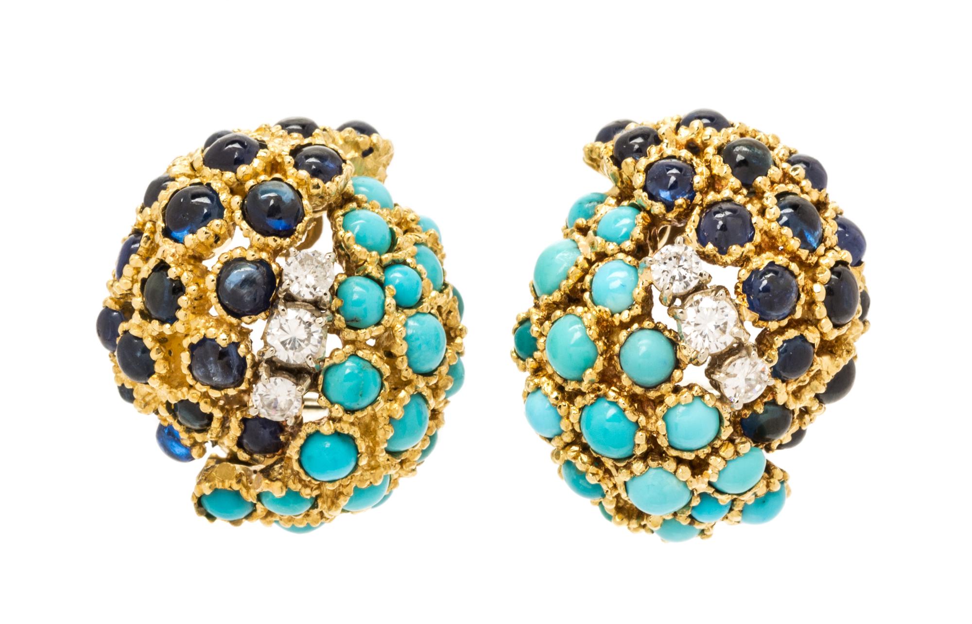 A Pair of 18 Karat Yellow Gold, Turquoise, Diamond, and Sapphire Earclips, 14.70 dwts.