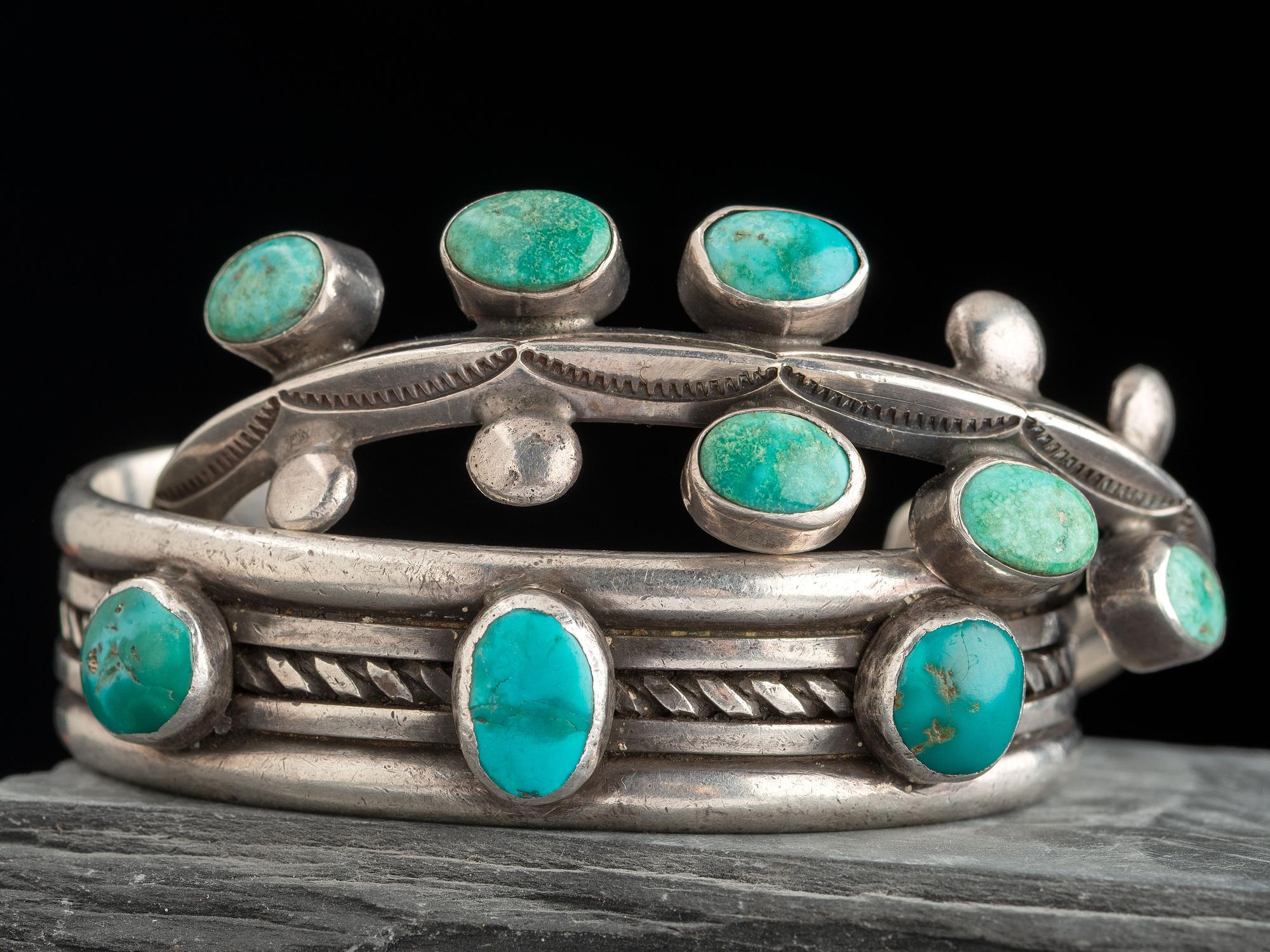 Pair of Navajo Silver and Turquoise Cuff Bracelets
