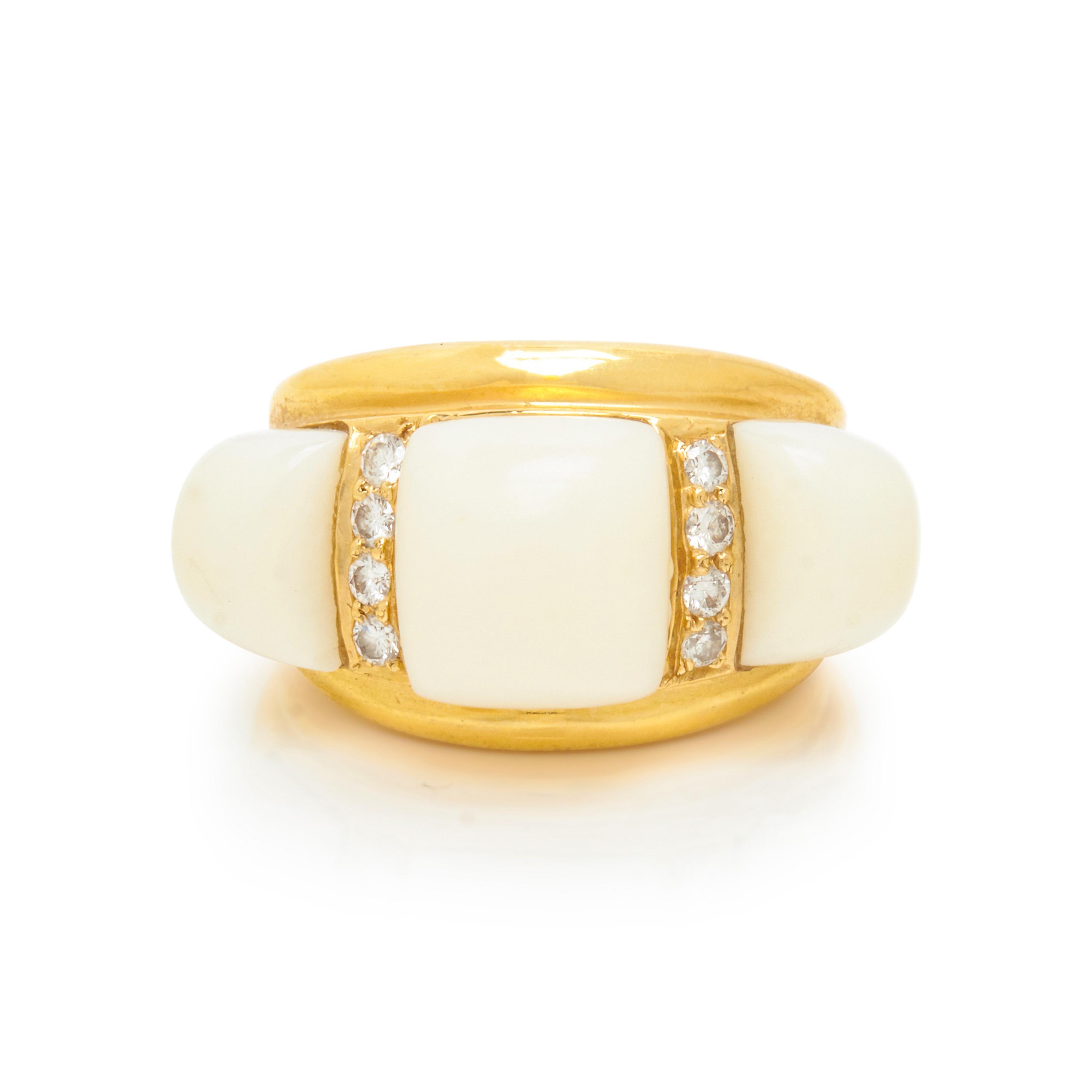 YELLOW GOLD, WHITE CORAL, AND DIAMOND RING
