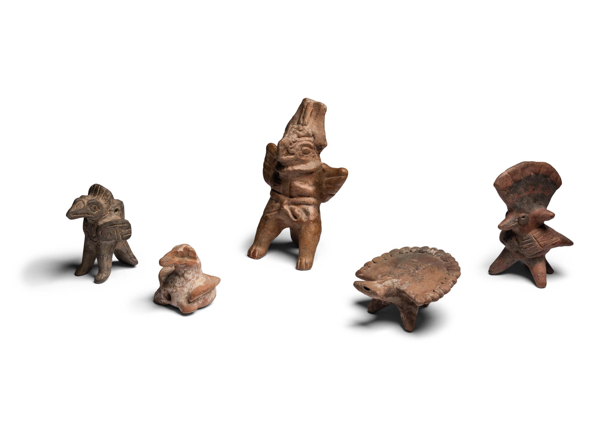 Four Colima Bird Figures and One Veracruz Anthropomorphic Whistle