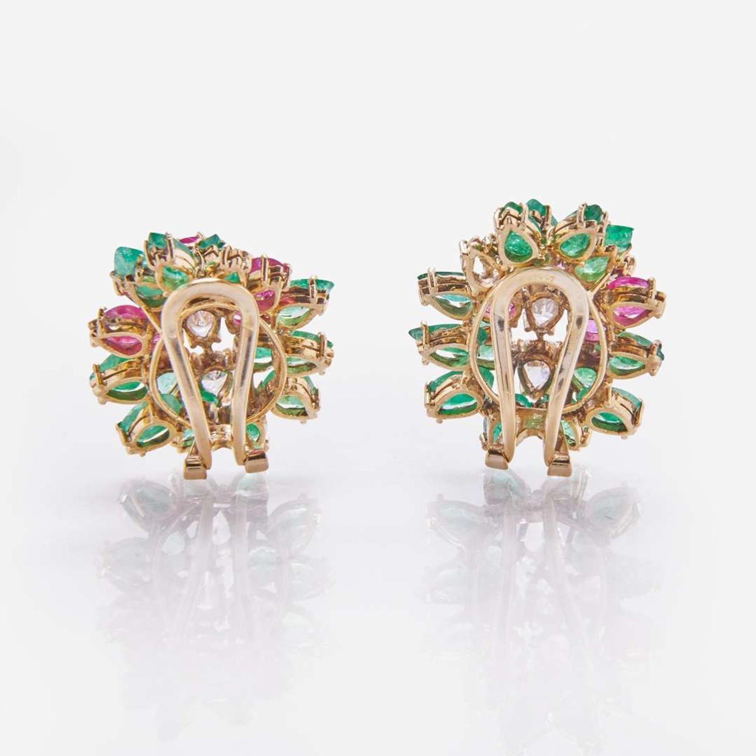 A Pair of 14K Yellow Gold and Gemstone Ear Clips