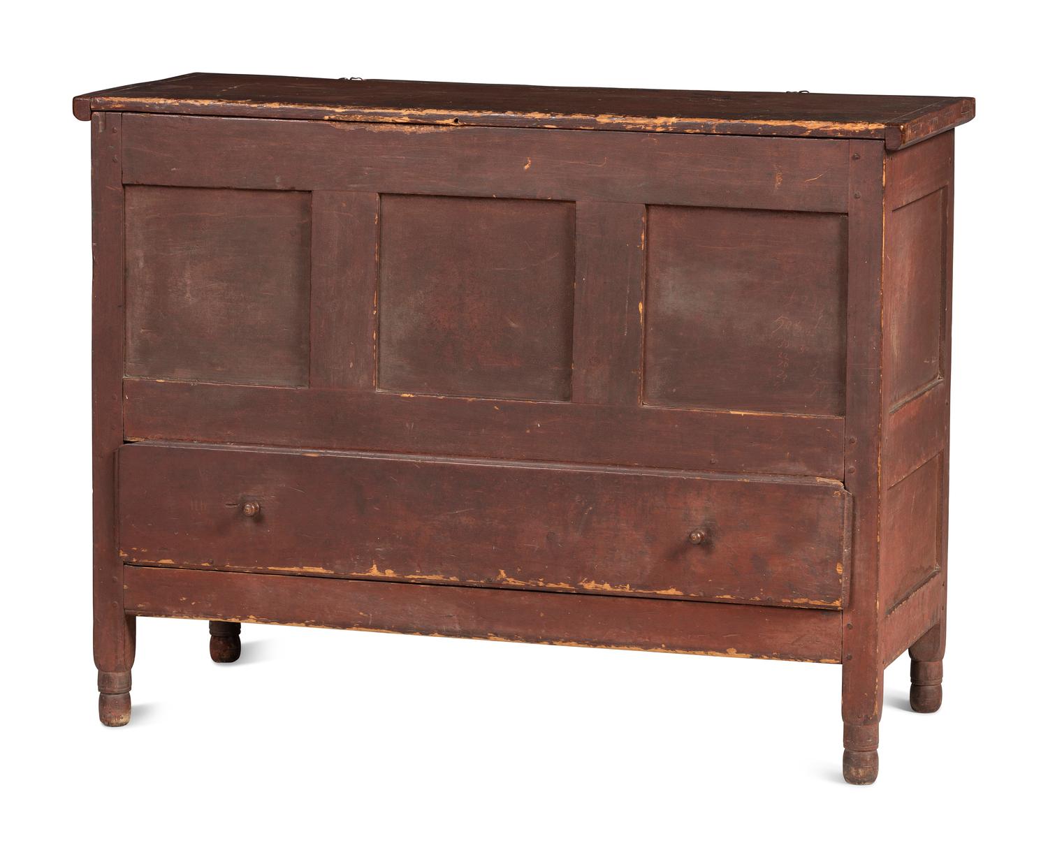 A Country Paneled Red Painted Pine and Maple One-Drawer Blanket Chest, Early 18th Century