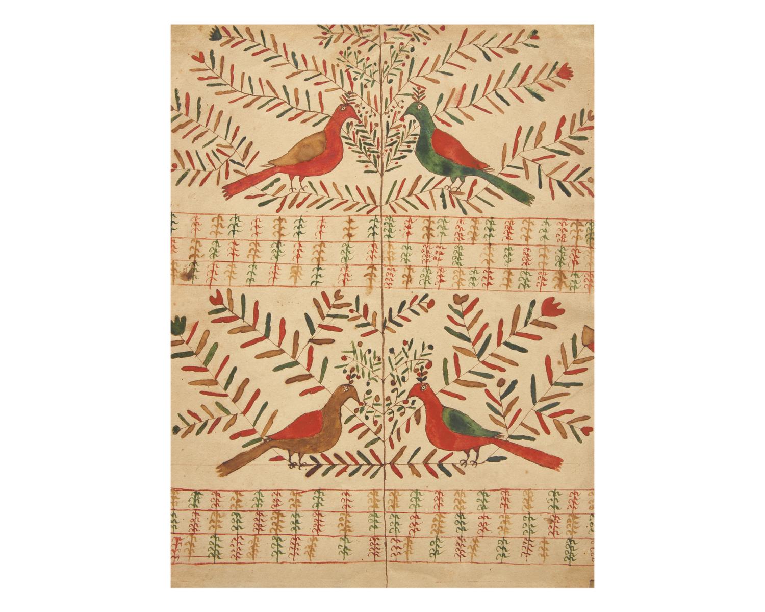 A Fraktur Drawing: Four Birds on Branches, Pennsylvania, 19th Century