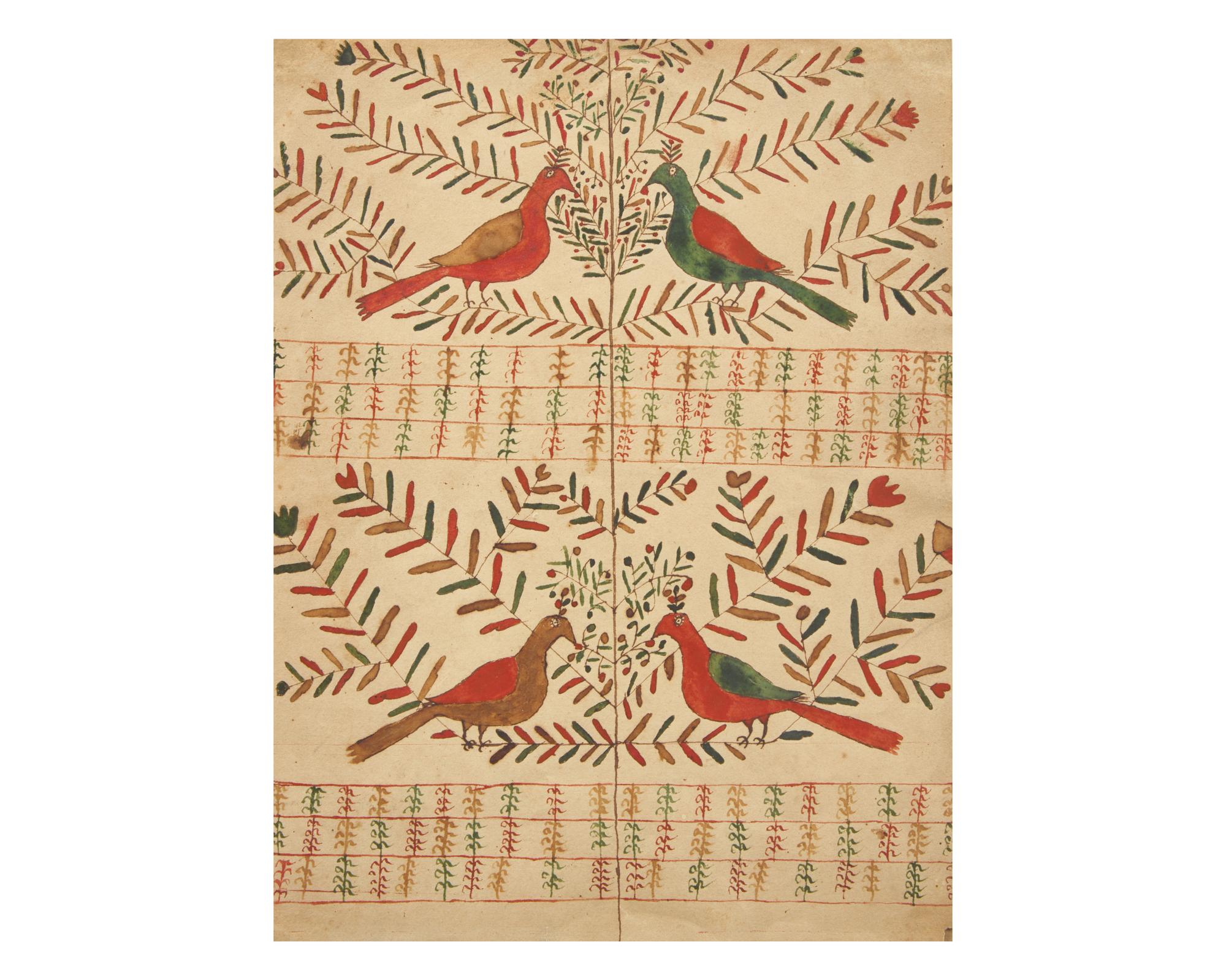 A Fraktur Drawing: Four Birds on Branches, Pennsylvania, 19th Century