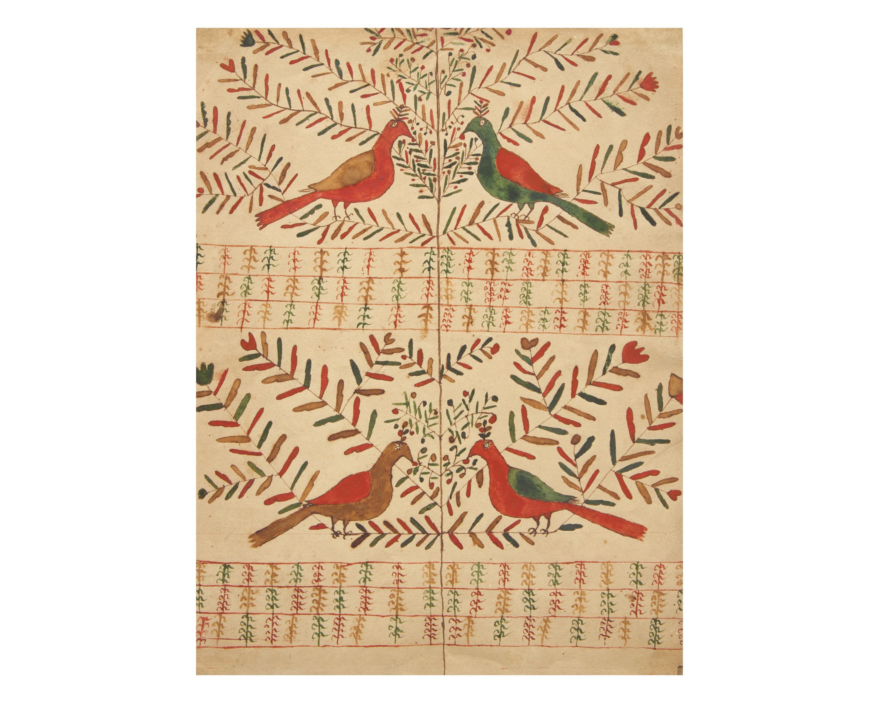 A Fraktur Drawing: Four Birds on Branches, Pennsylvania, 19th Century