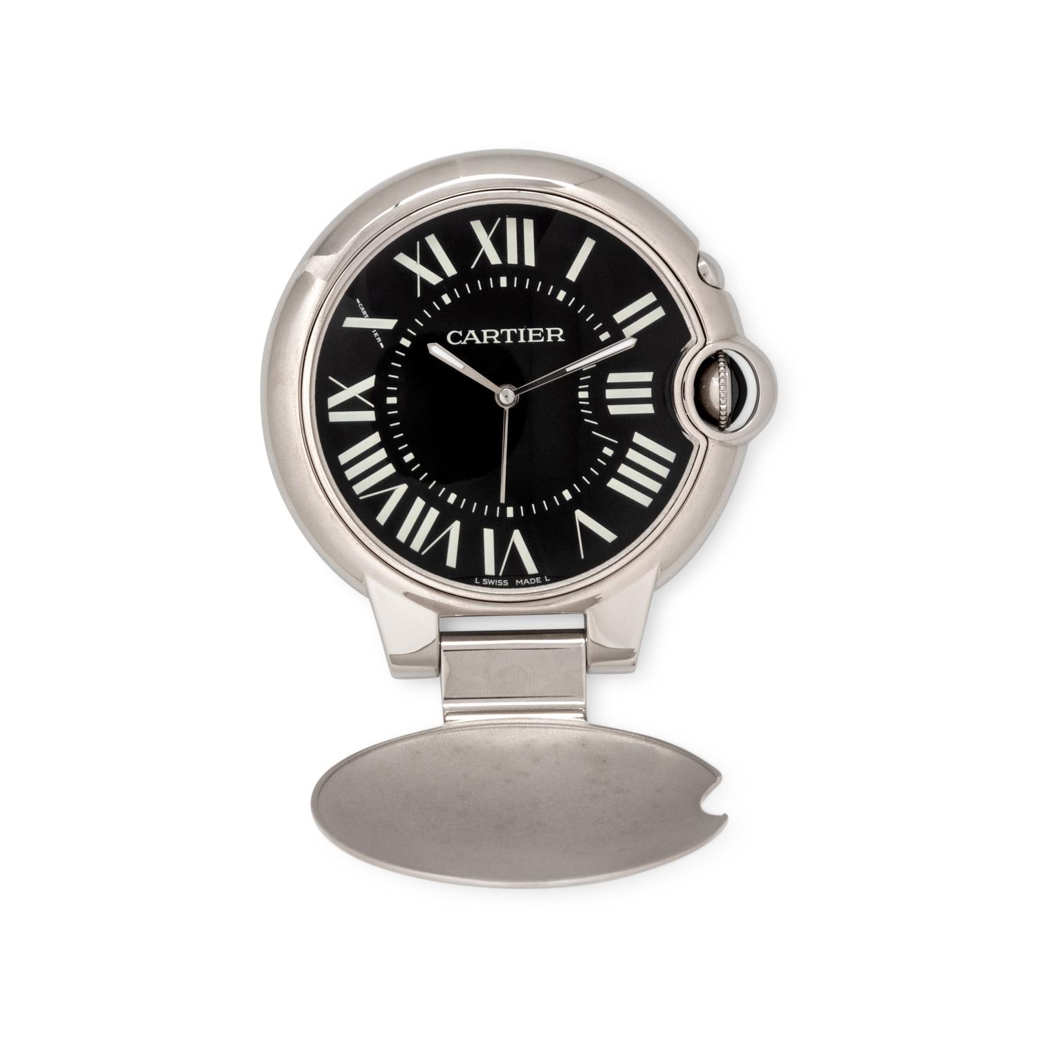 CARTIER, STAINLESS STEEL 'BALLON BLEU' ALARM DESK CLOCK, BOX & PAPERS